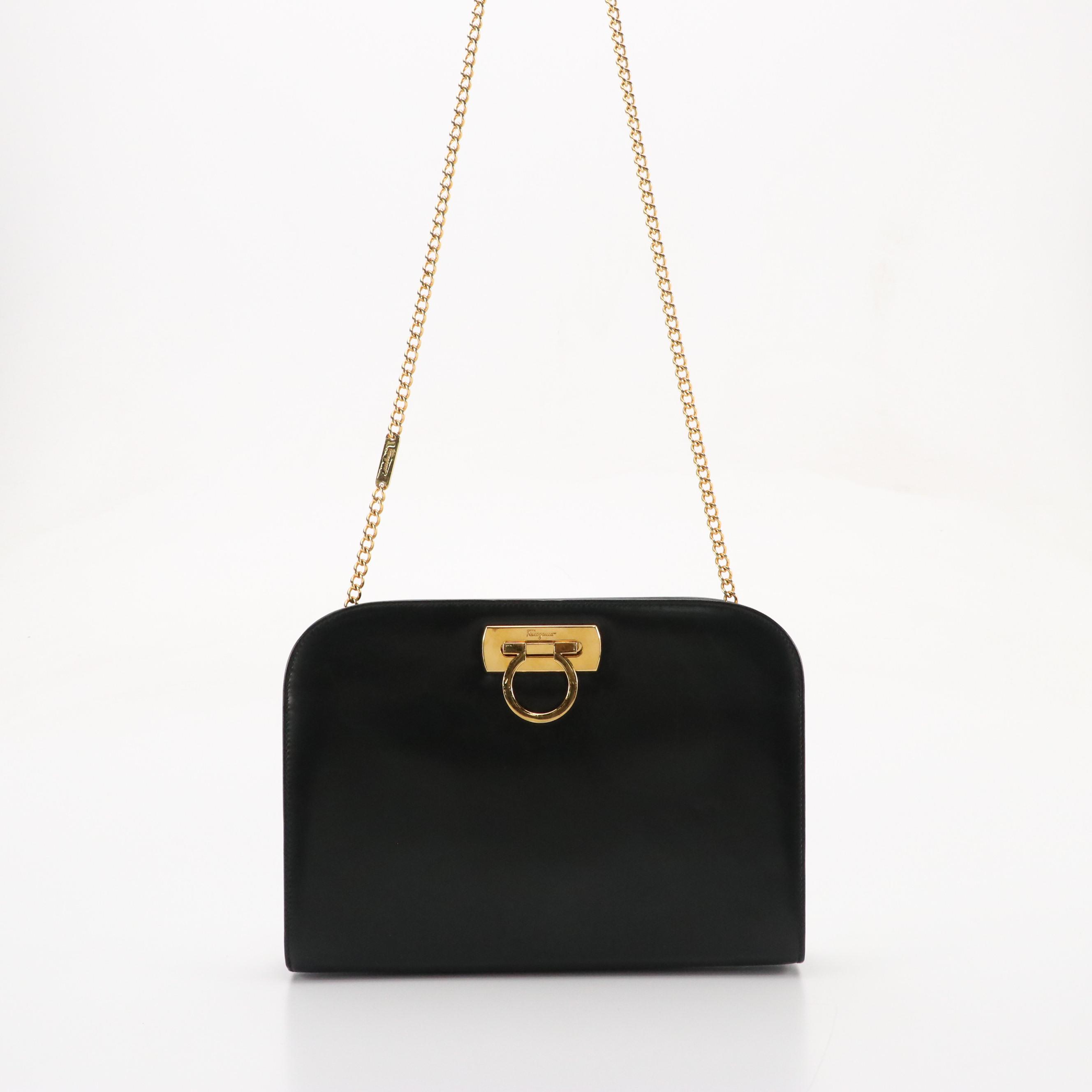 Salvatore Ferragamo Gancini Closure Chain Link Crossbody Bag in Black Leather