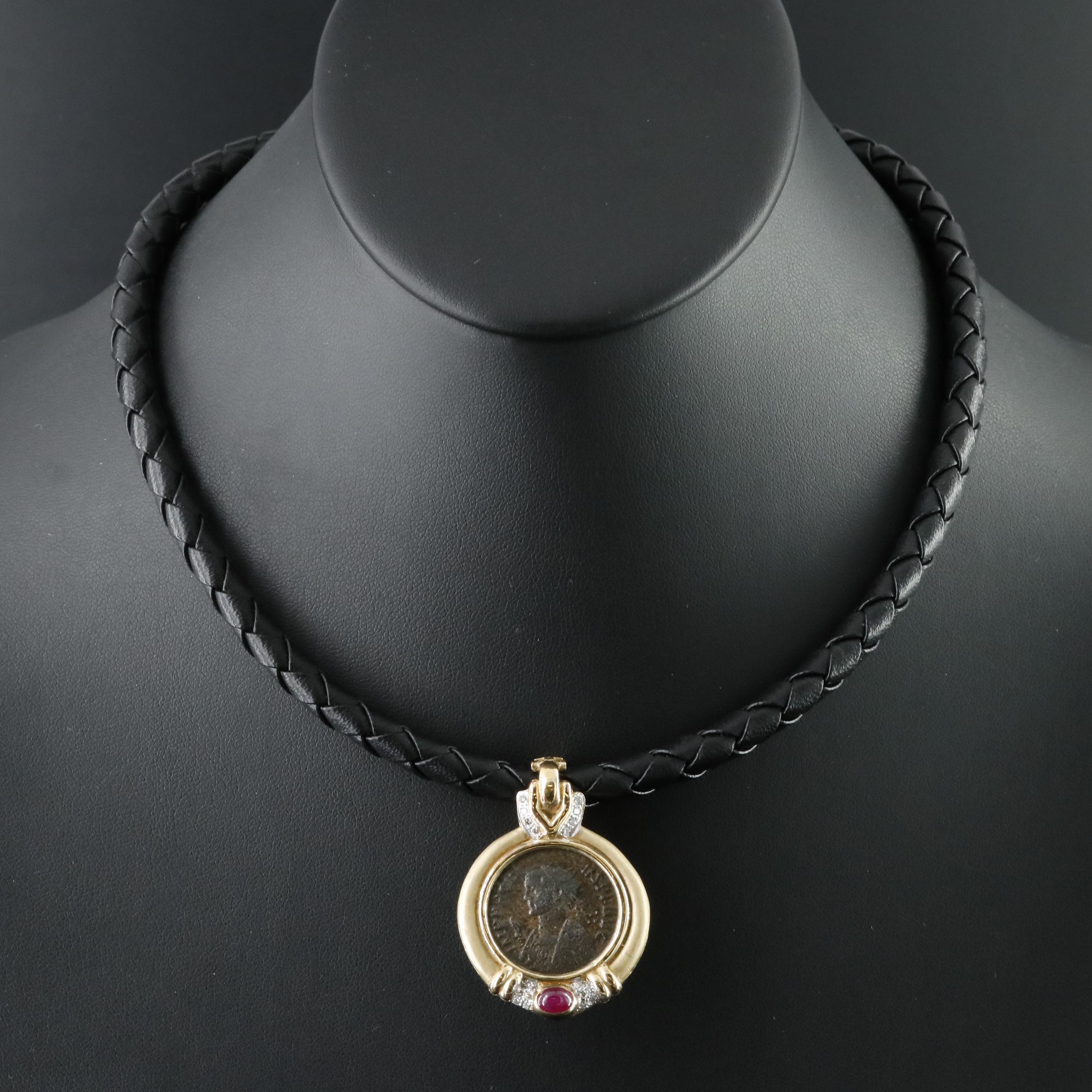 14K Ruby and Diamond Necklace with Ancient Roman Imperial Antoninianus Coin
