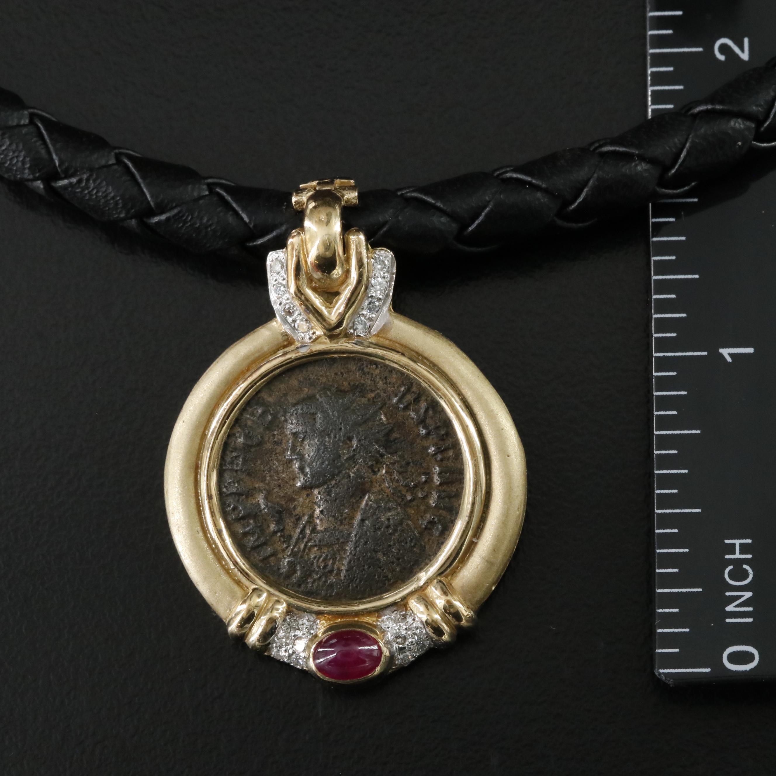 14K Ruby and Diamond Necklace with Ancient Roman Imperial Antoninianus Coin
