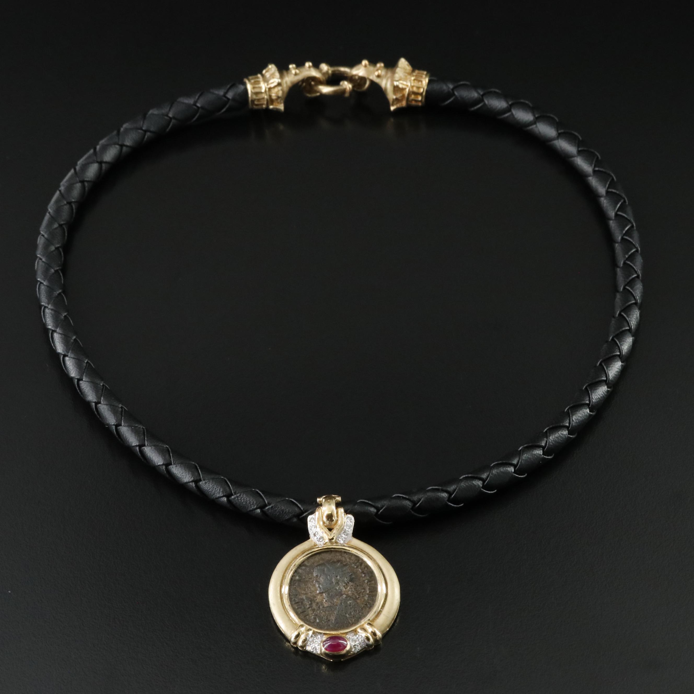 14K Ruby and Diamond Necklace with Ancient Roman Imperial Antoninianus Coin