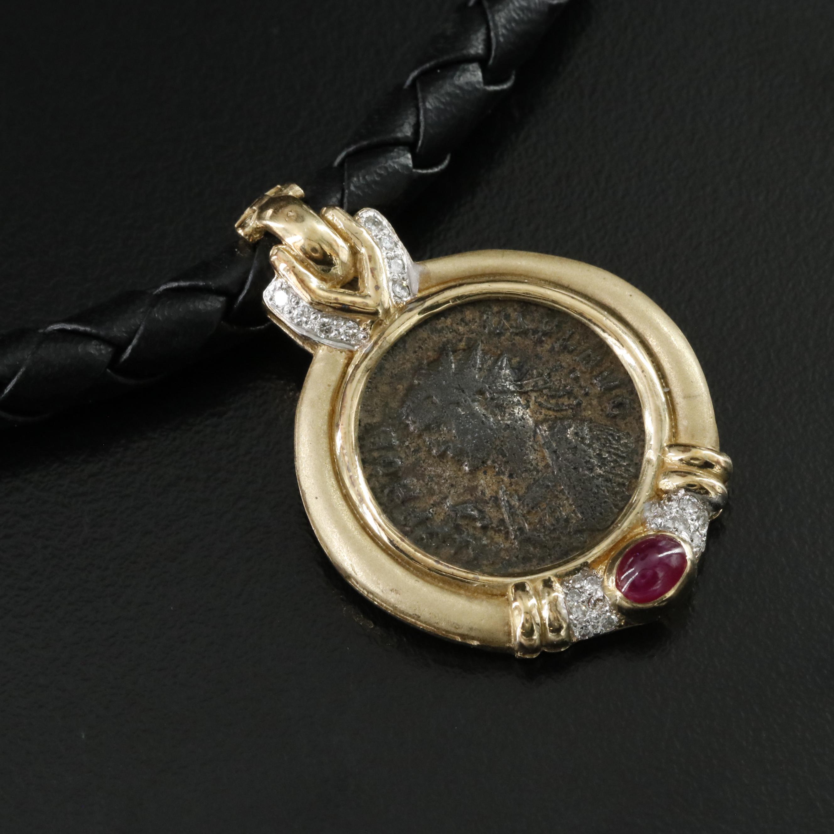 14K Ruby and Diamond Necklace with Ancient Roman Imperial Antoninianus Coin