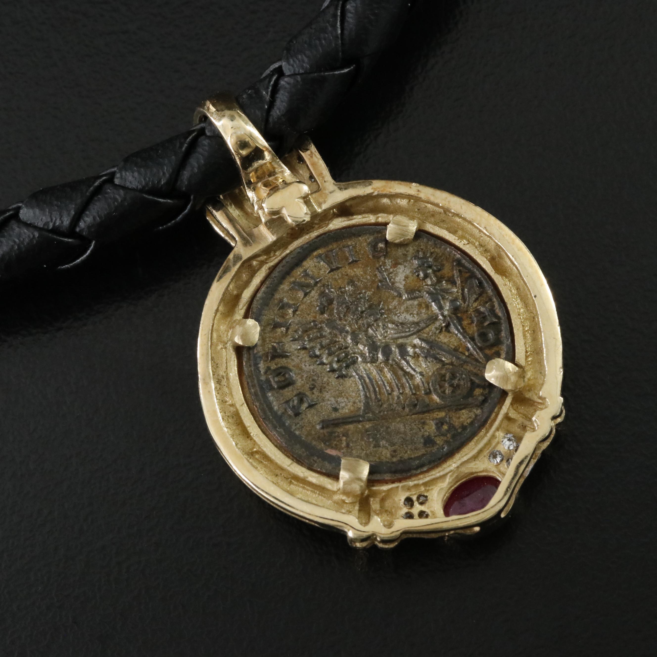 14K Ruby and Diamond Necklace with Ancient Roman Imperial Antoninianus Coin