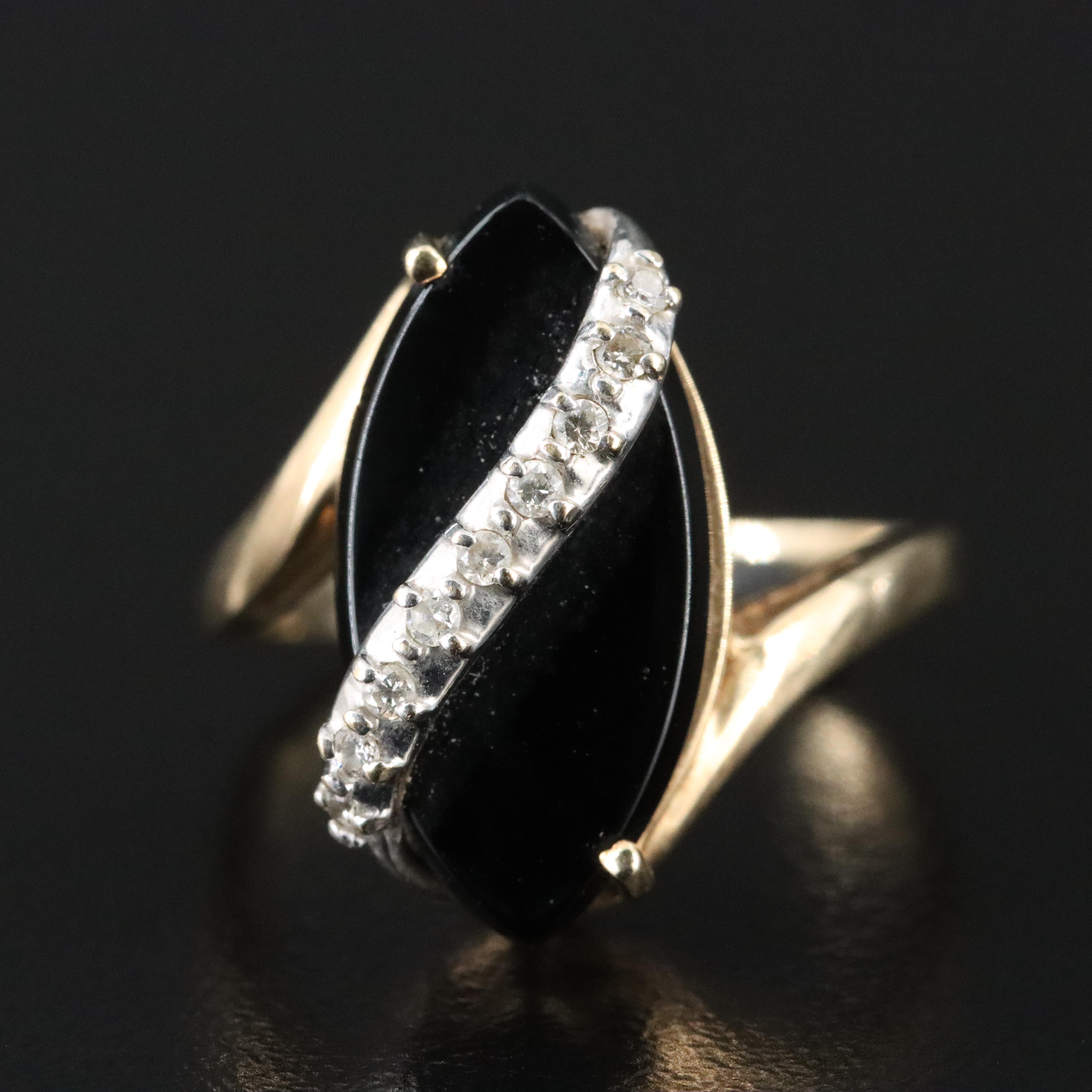 10K Navette Black Onyx and Diamond Ring