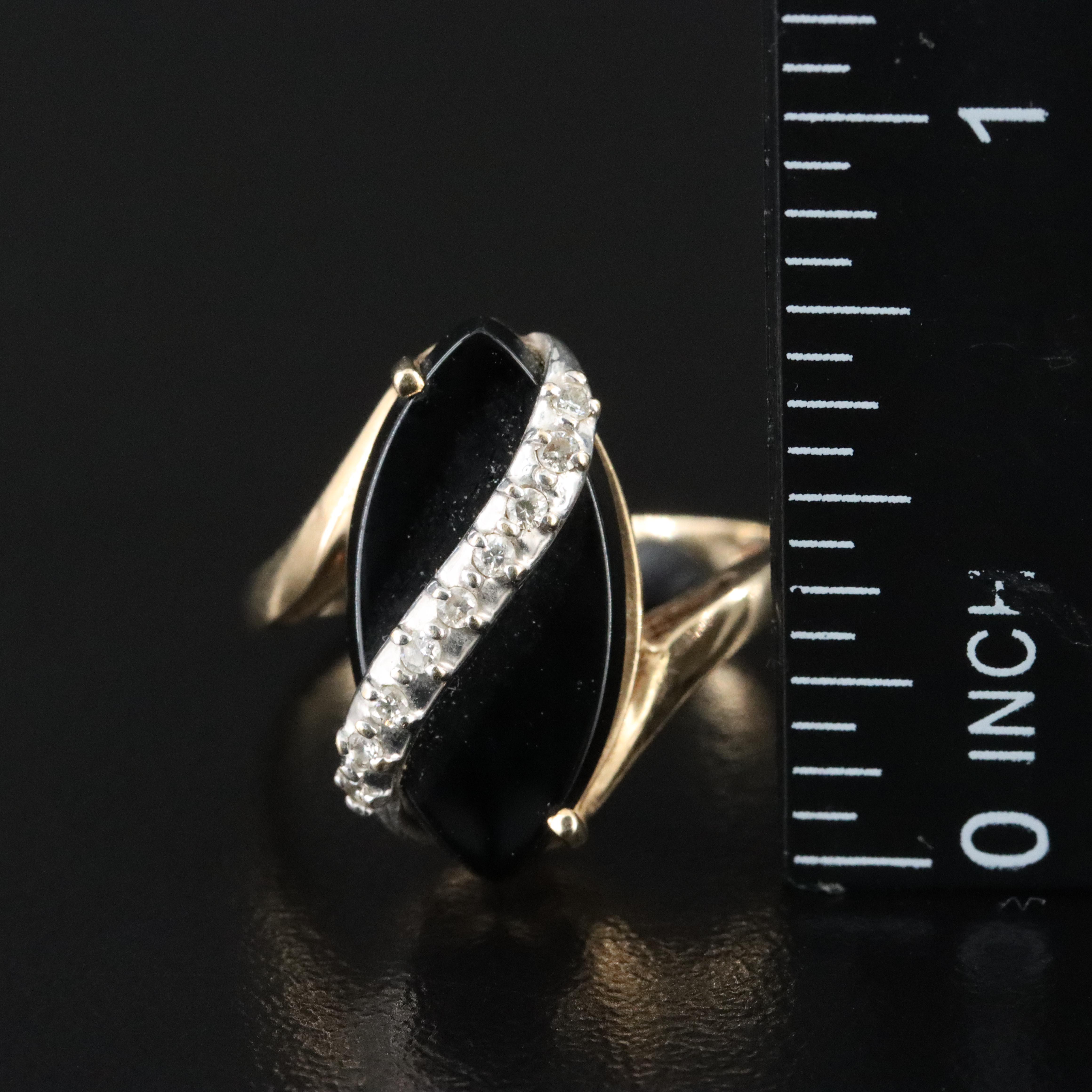 10K Navette Black Onyx and Diamond Ring