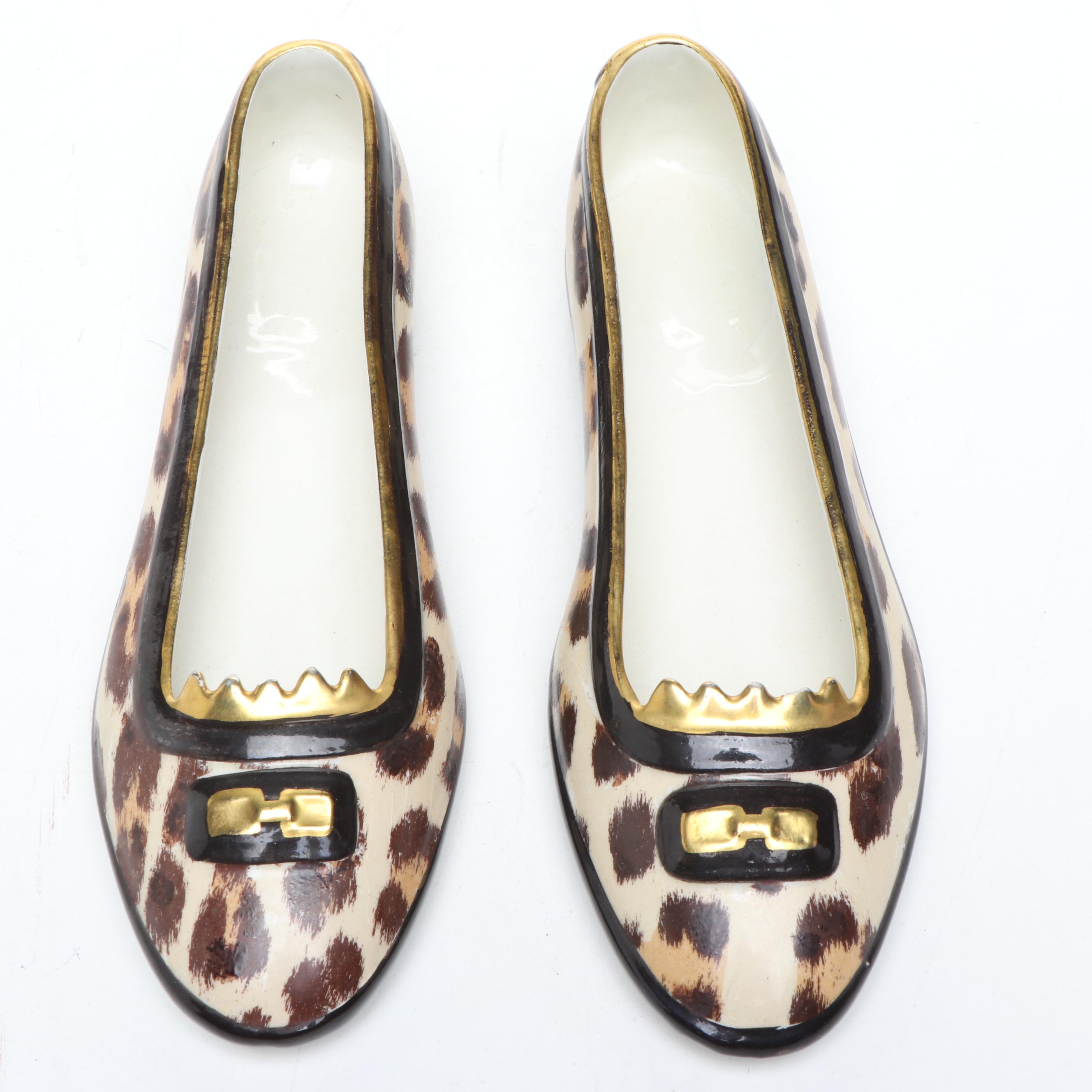 Pair of Italian Ceramic Leopard Print Shoes