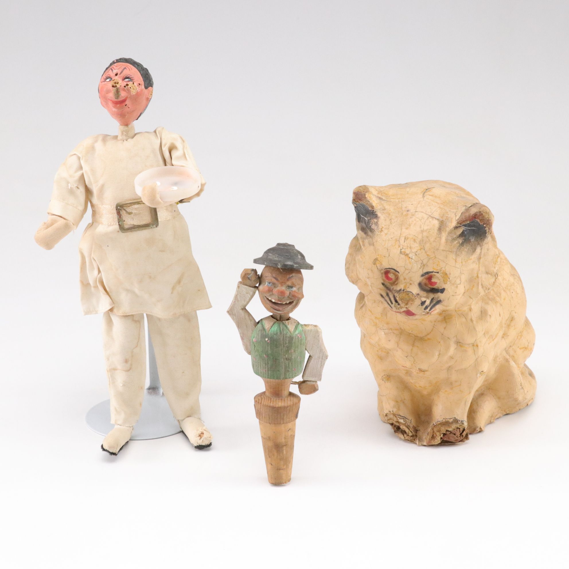 Vintage Paper Mache Cat, Dentist Doll & Animated Wine Stopper