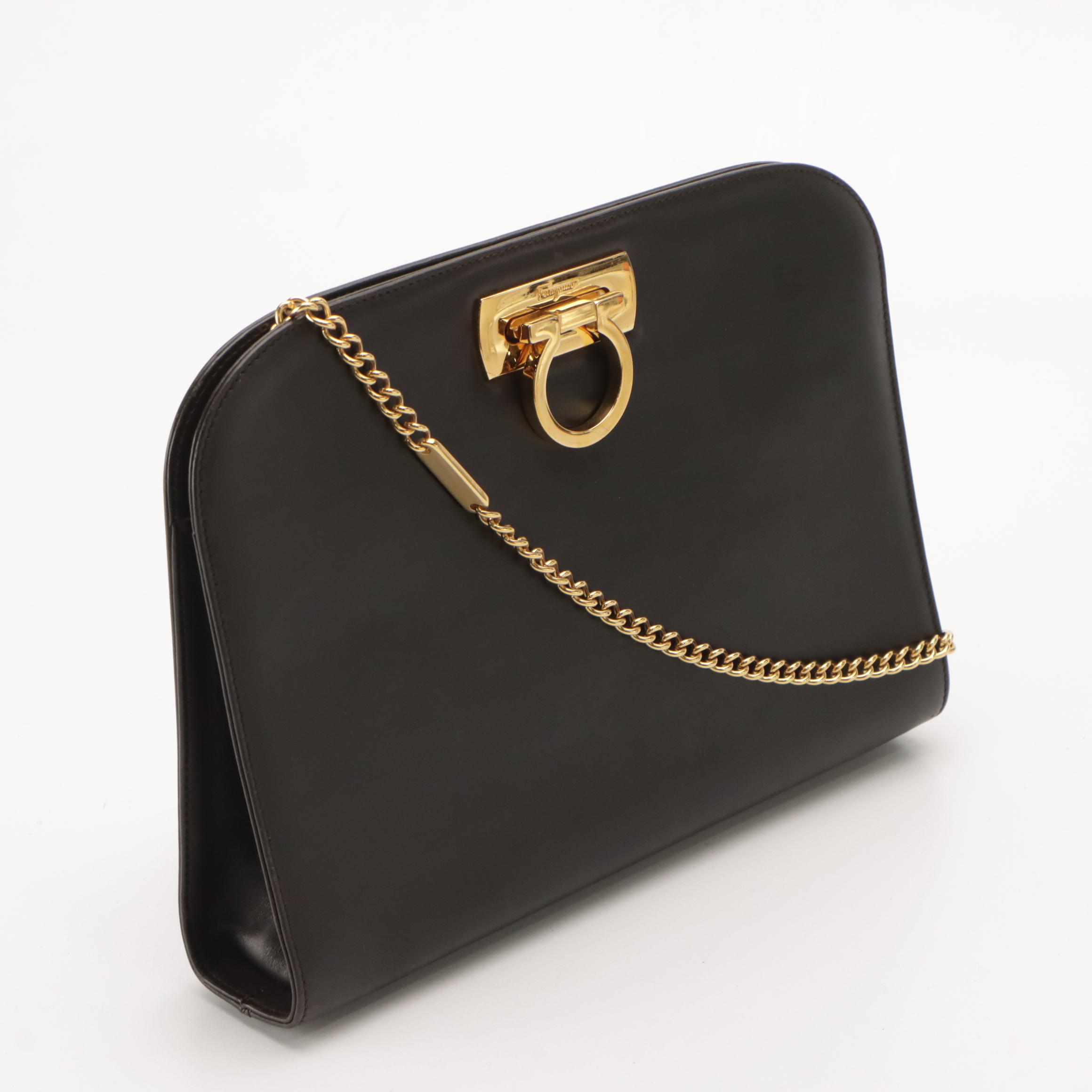 Salvatore Ferragamo Gancini Closure Chain Link Crossbody Bag in Black Leather