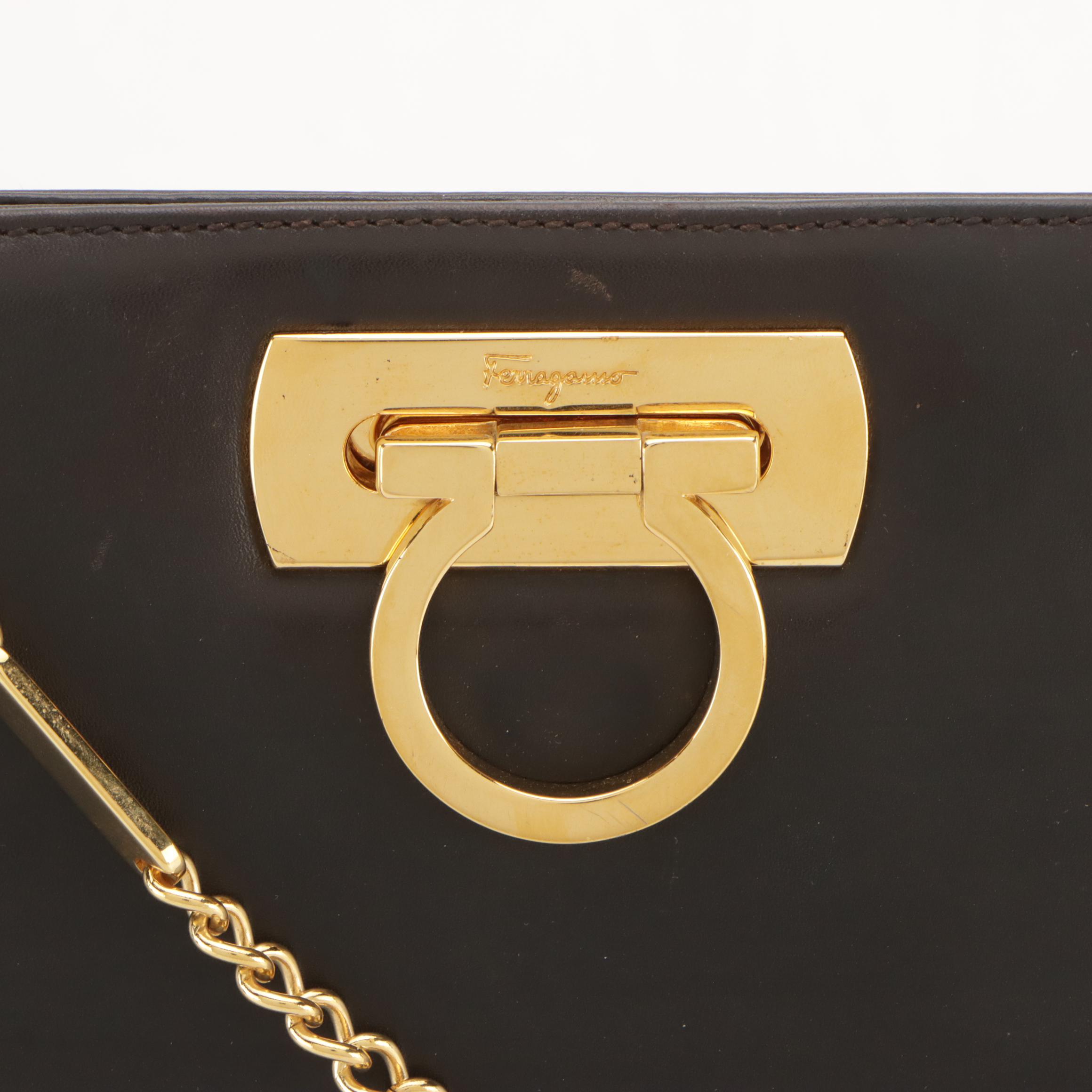 Salvatore Ferragamo Gancini Closure Chain Link Crossbody Bag in Black Leather