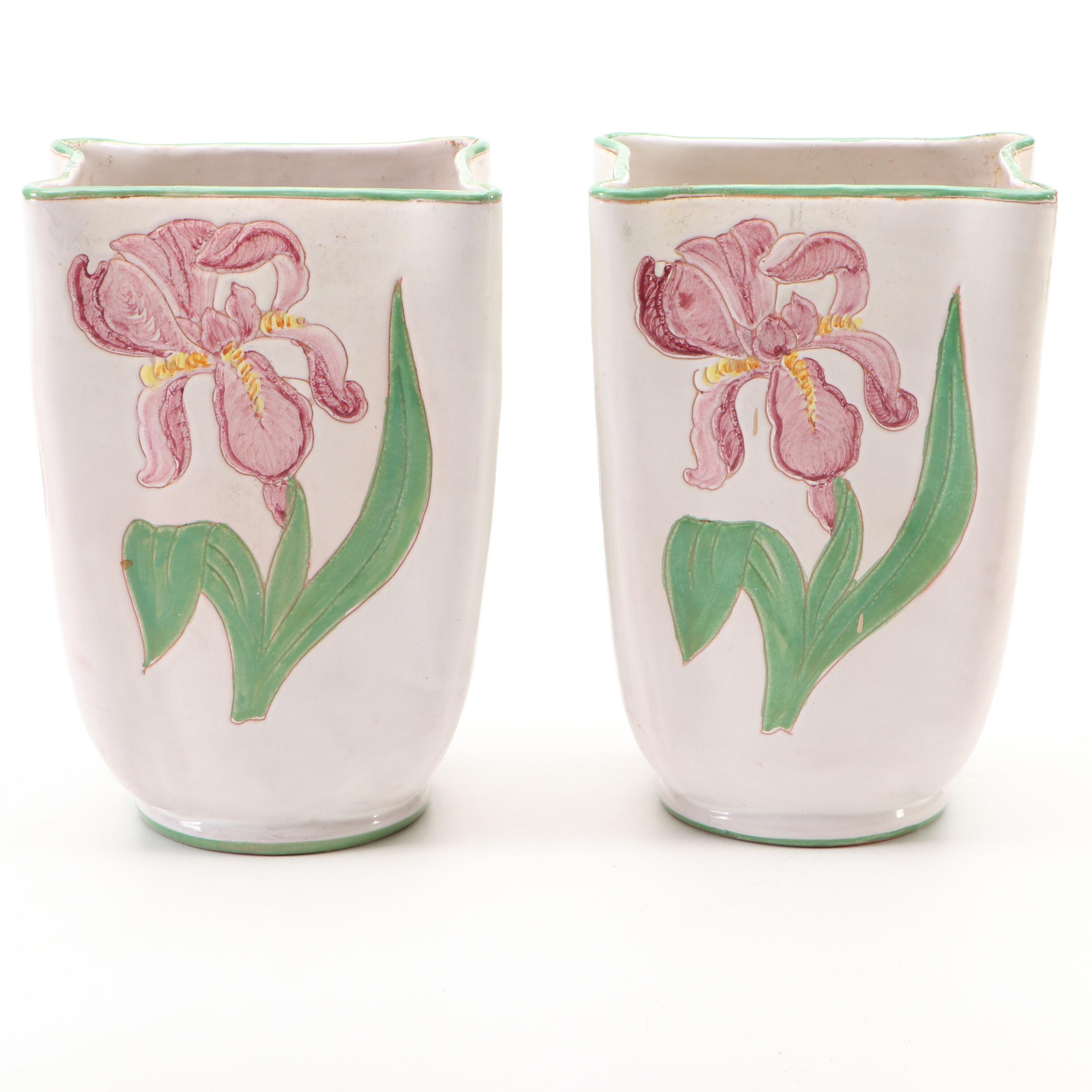 Italian Hand-Painted Ceramic Iris Vases and Pedestal Goblet Vases
