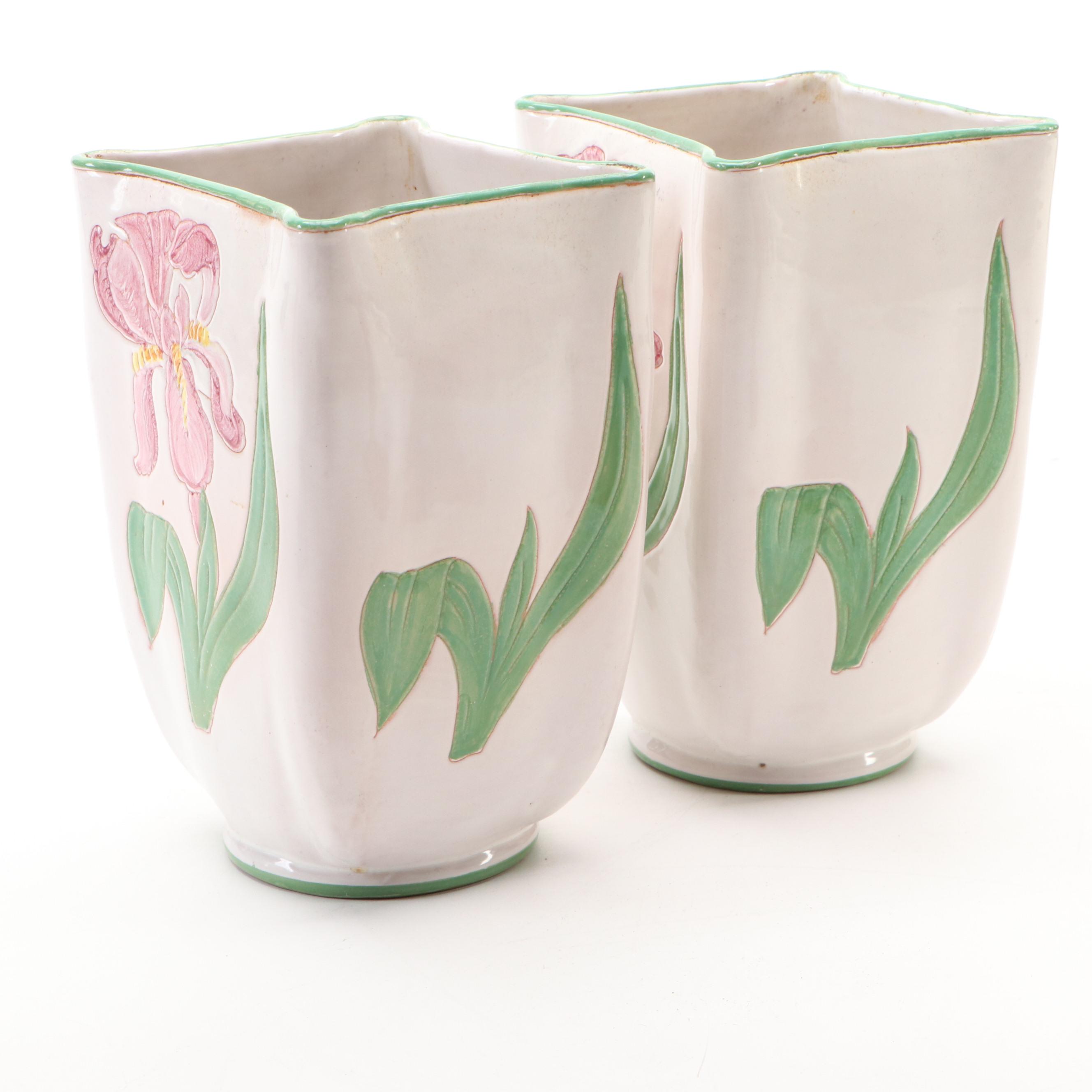 Italian Hand-Painted Ceramic Iris Vases and Pedestal Goblet Vases