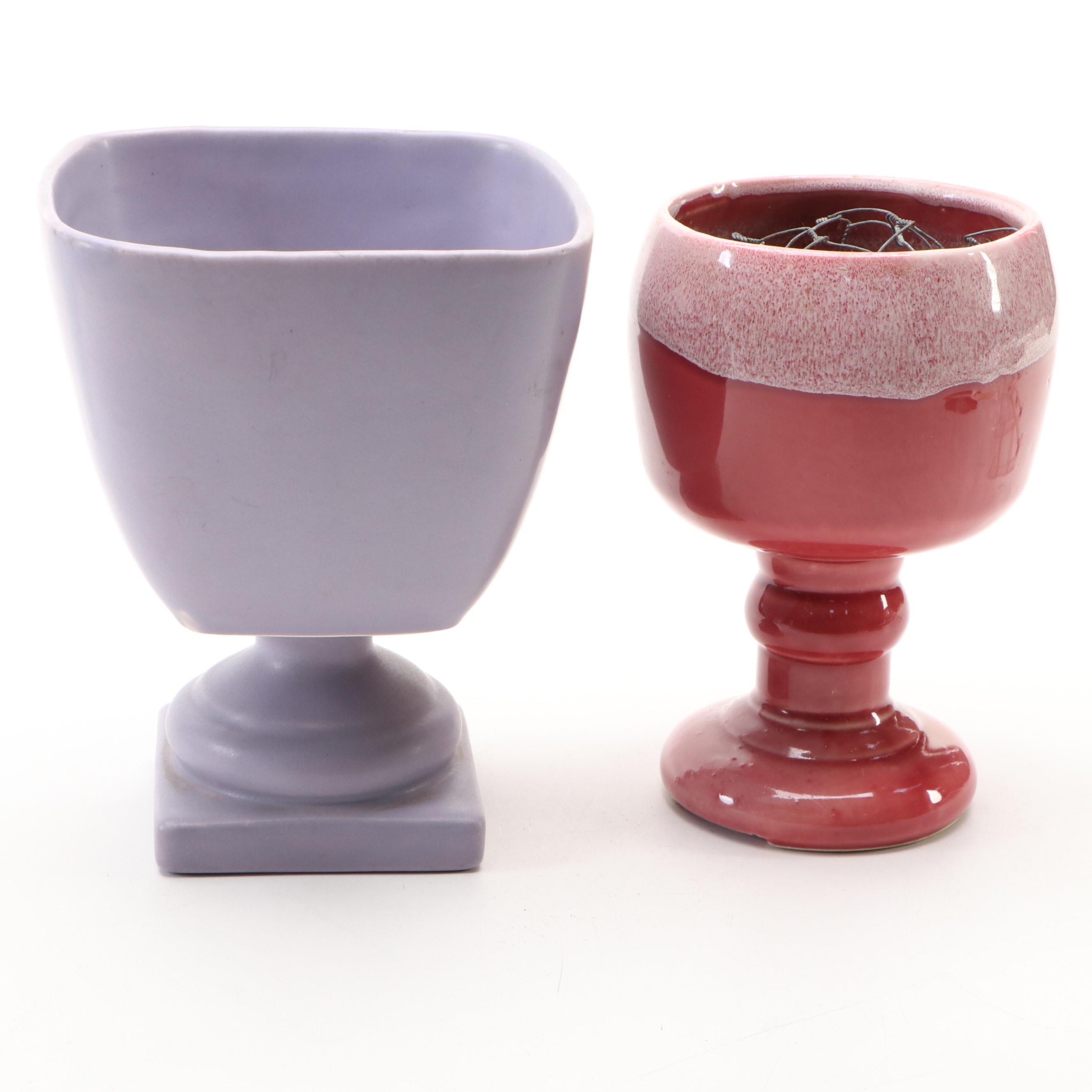 Italian Hand-Painted Ceramic Iris Vases and Pedestal Goblet Vases