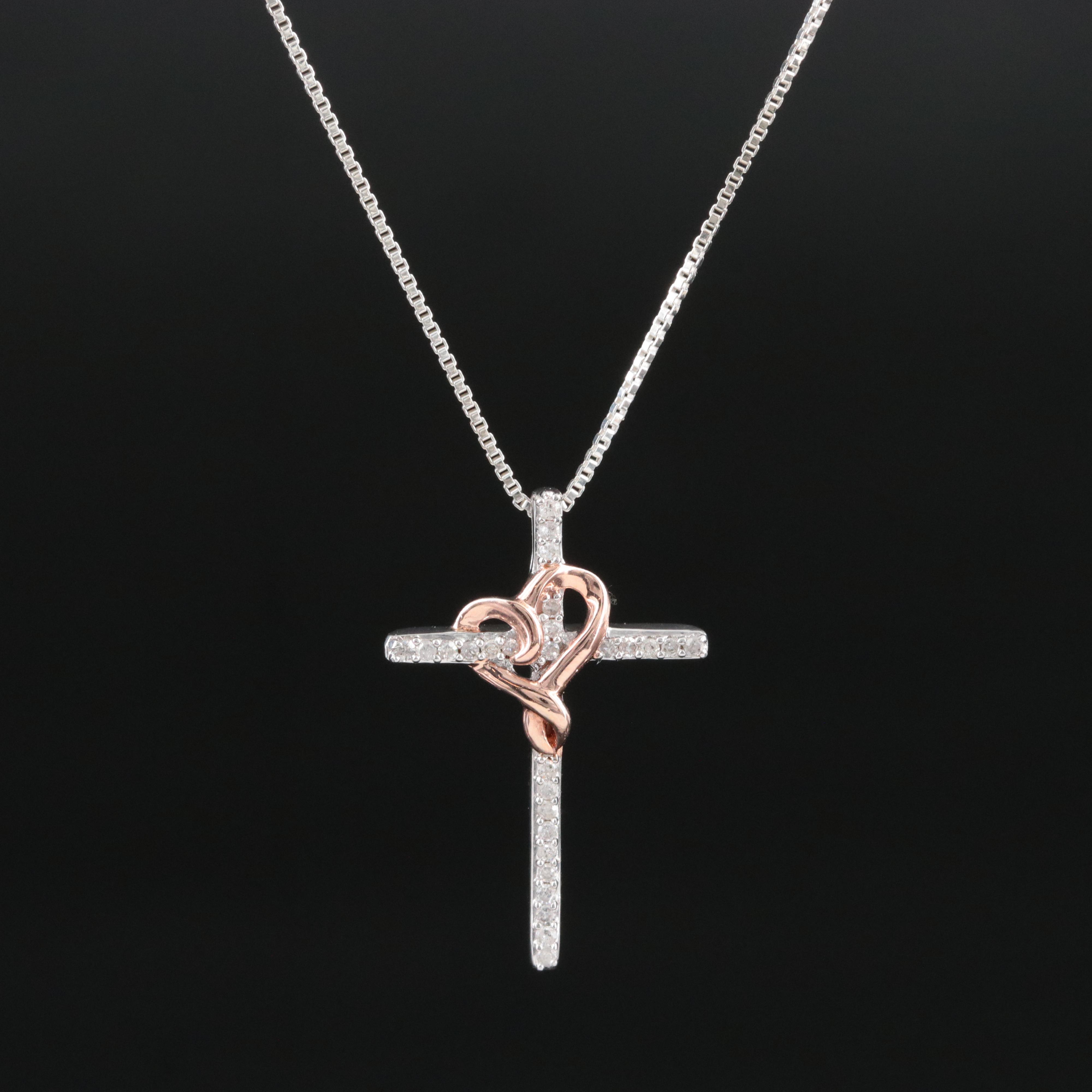 Hallmark Sterling and Diamond Cross Pendant Necklace with Rose Tone Heart Accent