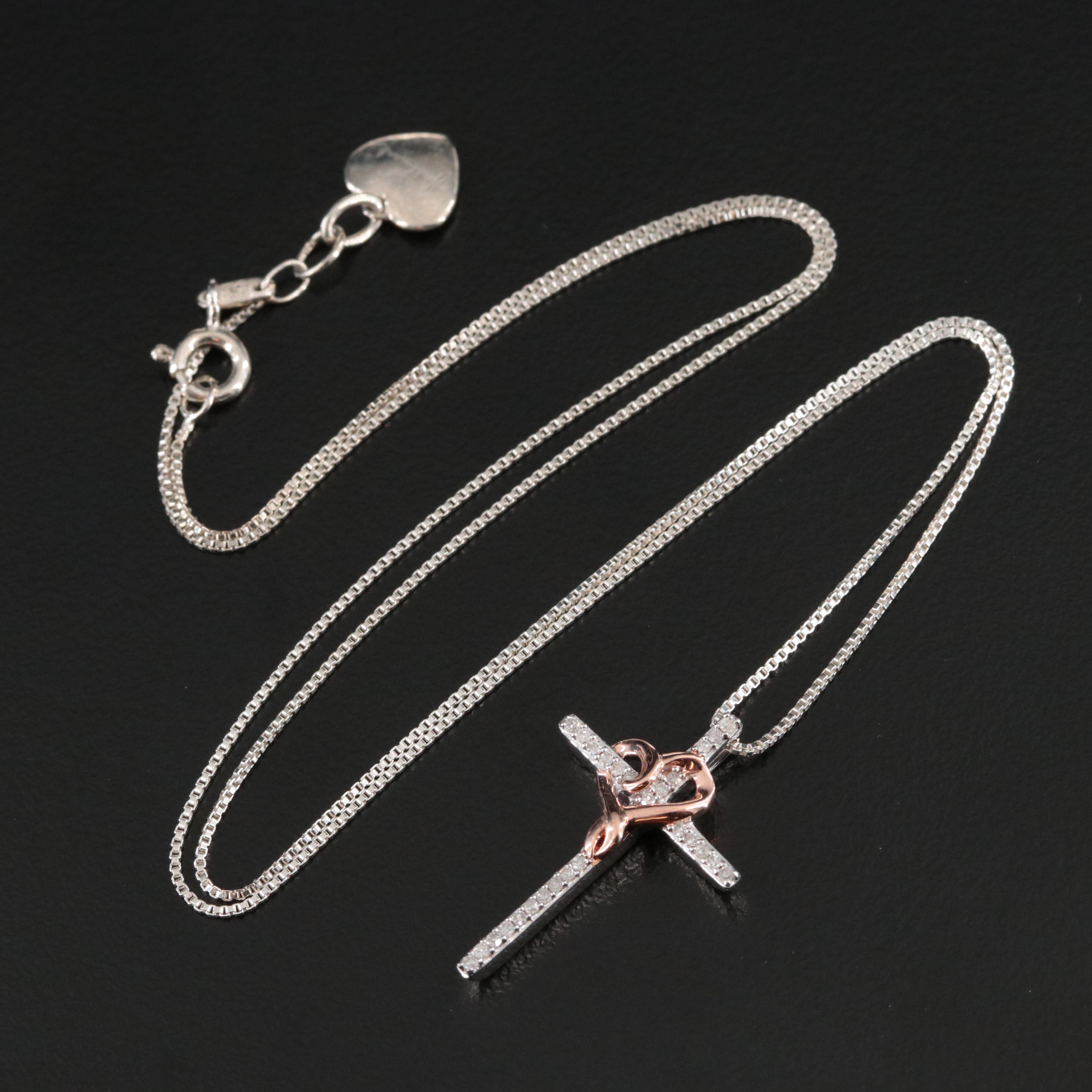 Hallmark Sterling and Diamond Cross Pendant Necklace with Rose Tone Heart Accent
