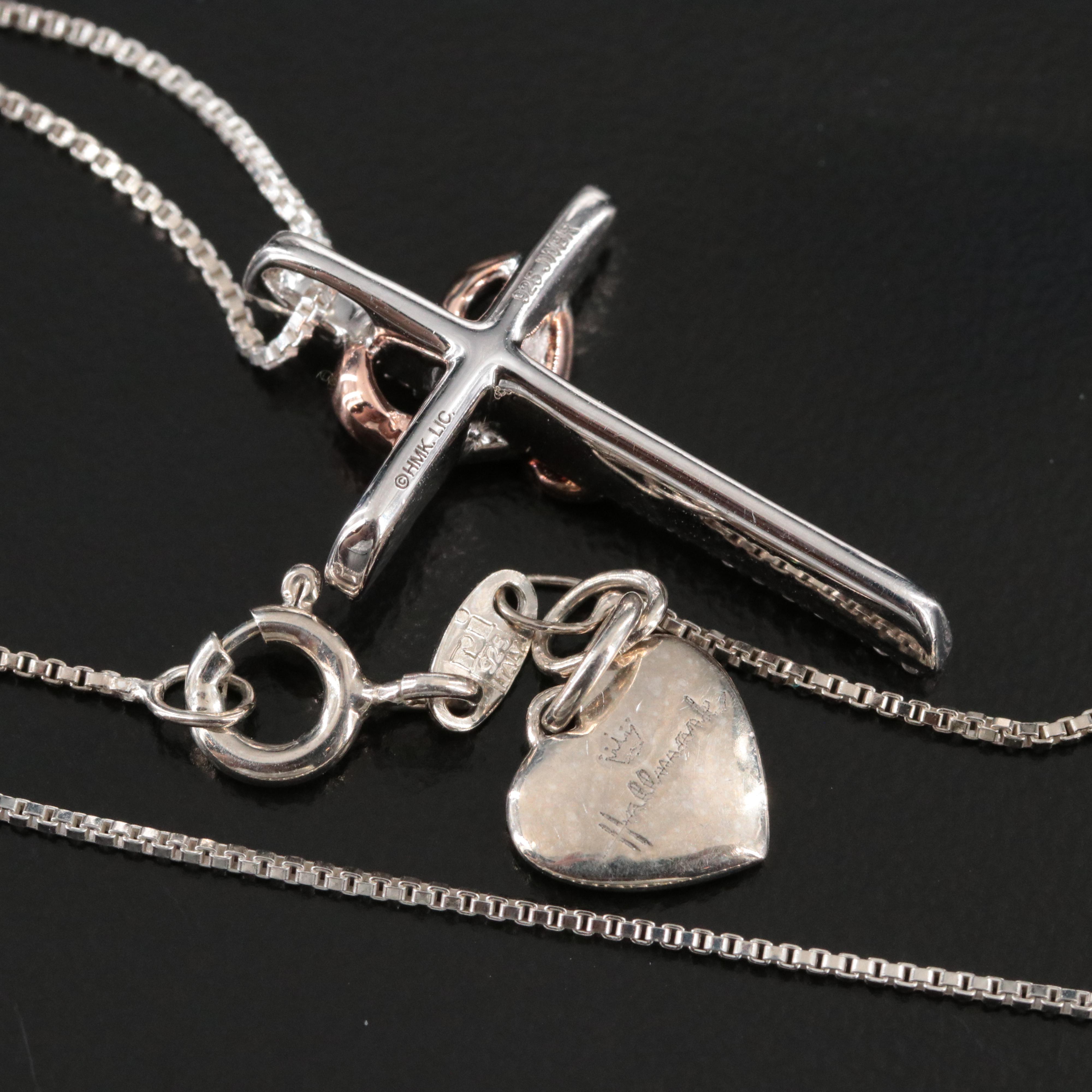 Hallmark Sterling and Diamond Cross Pendant Necklace with Rose Tone Heart Accent