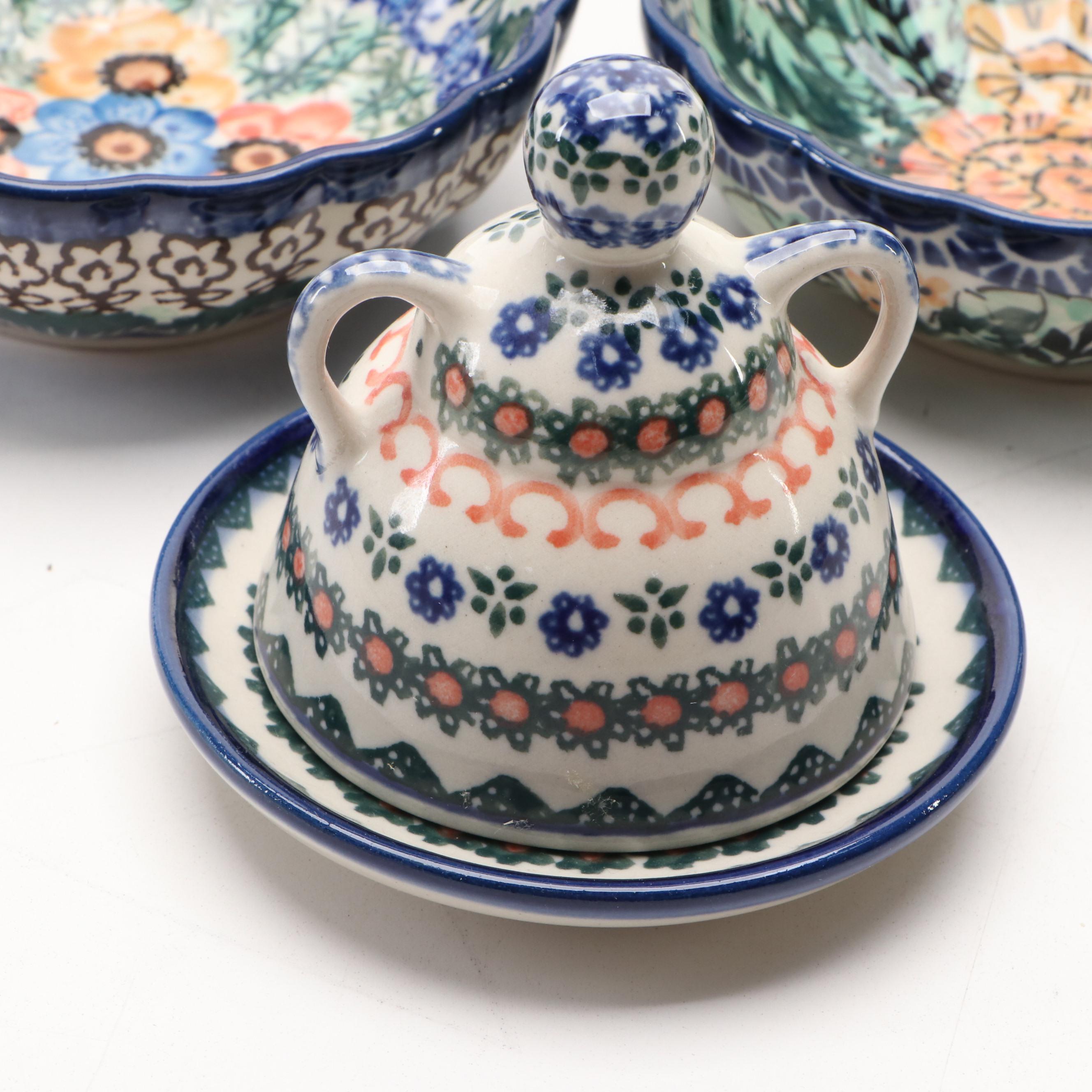 Bolesławiec Pottery Covered Butter Dish with Other Tableware