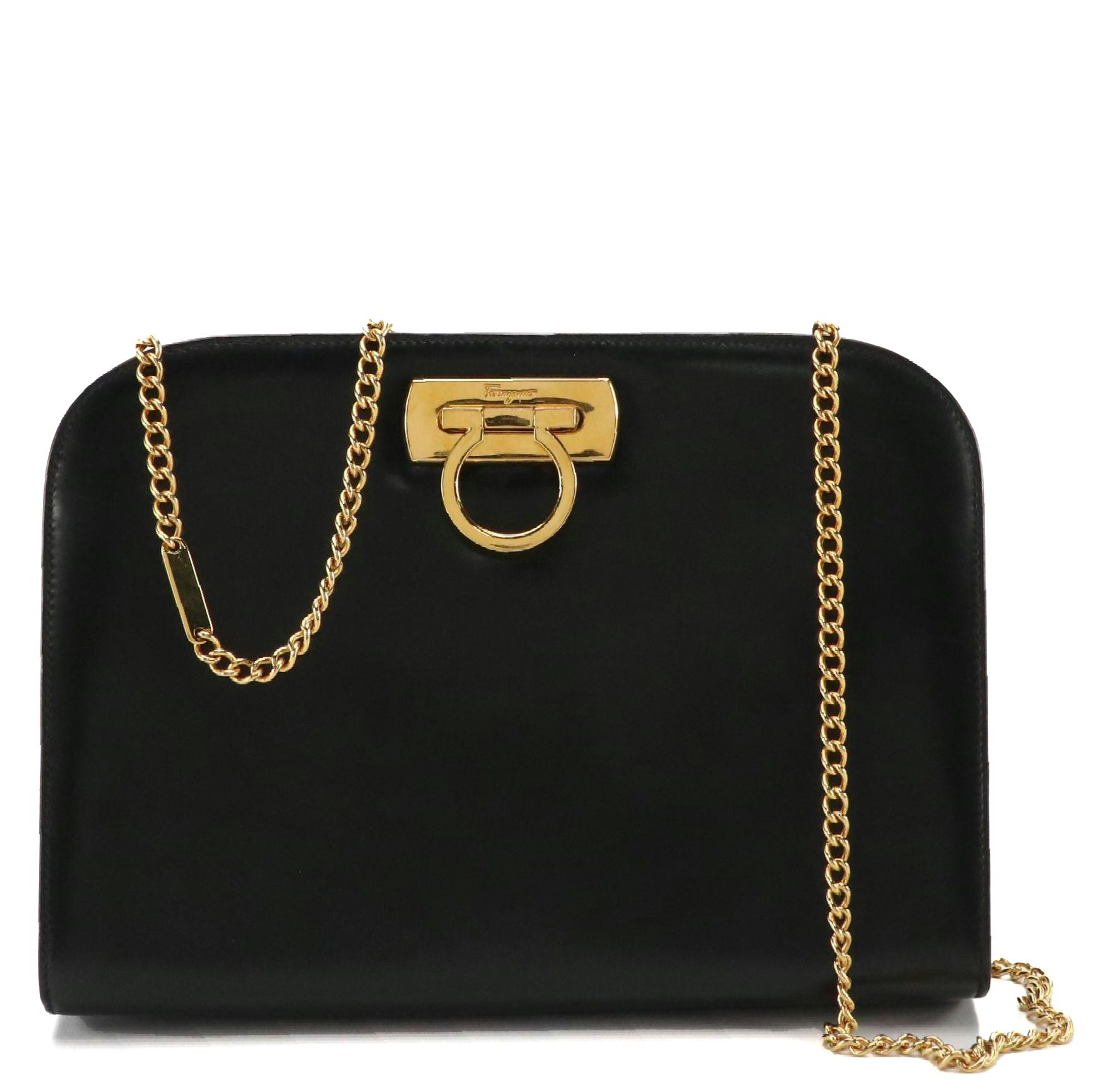 Salvatore Ferragamo Gancini Closure Chain Link Crossbody Bag in Black Leather