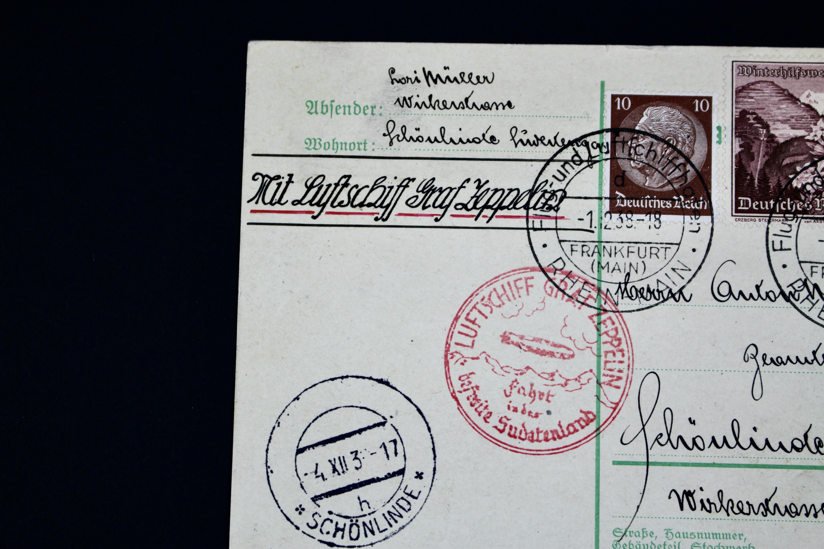 1938 Graf Zeppelin Postcard, Propaganda Trip, Frankfurt to Sudetenland