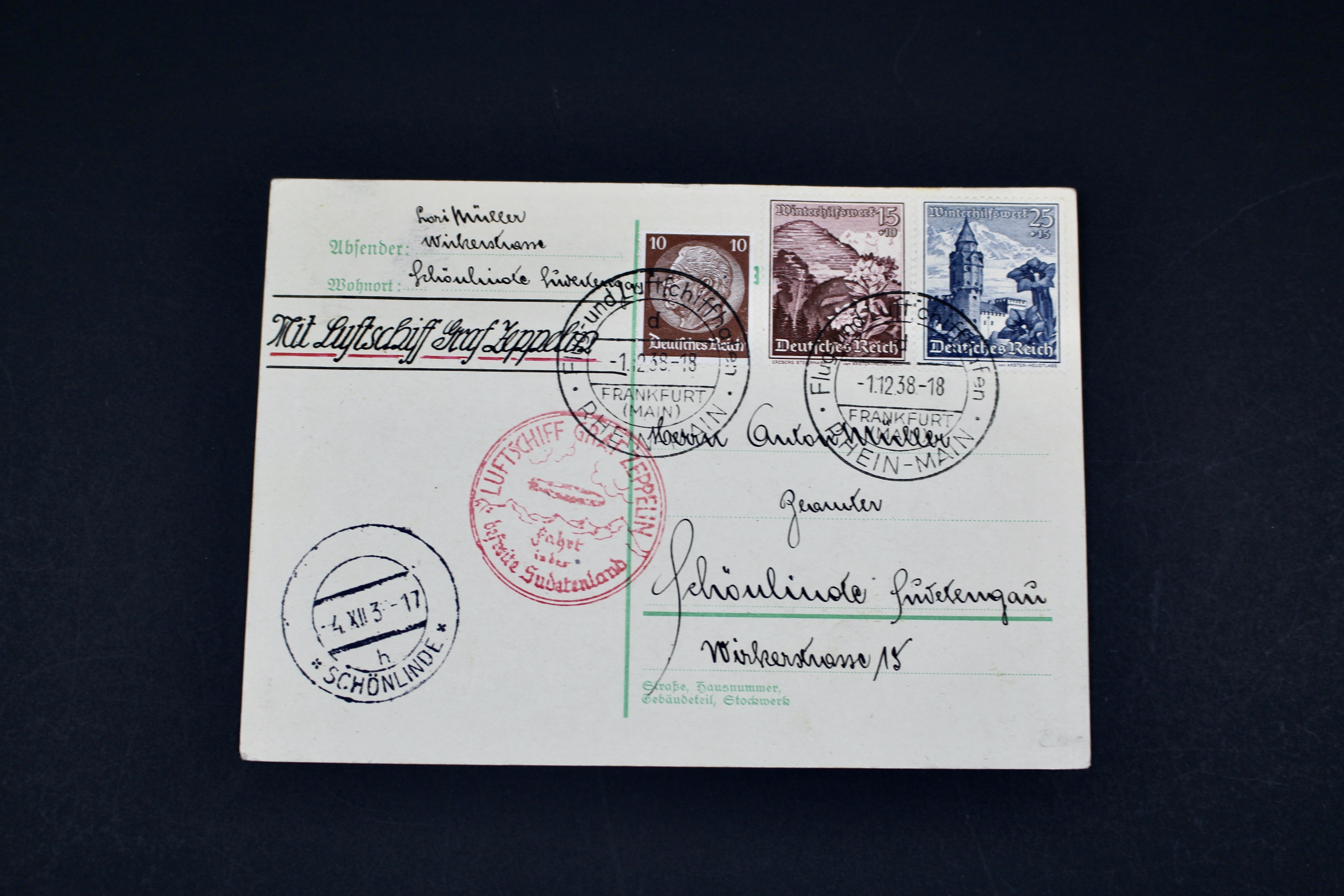 1938 Graf Zeppelin Postcard, Propaganda Trip, Frankfurt to Sudetenland