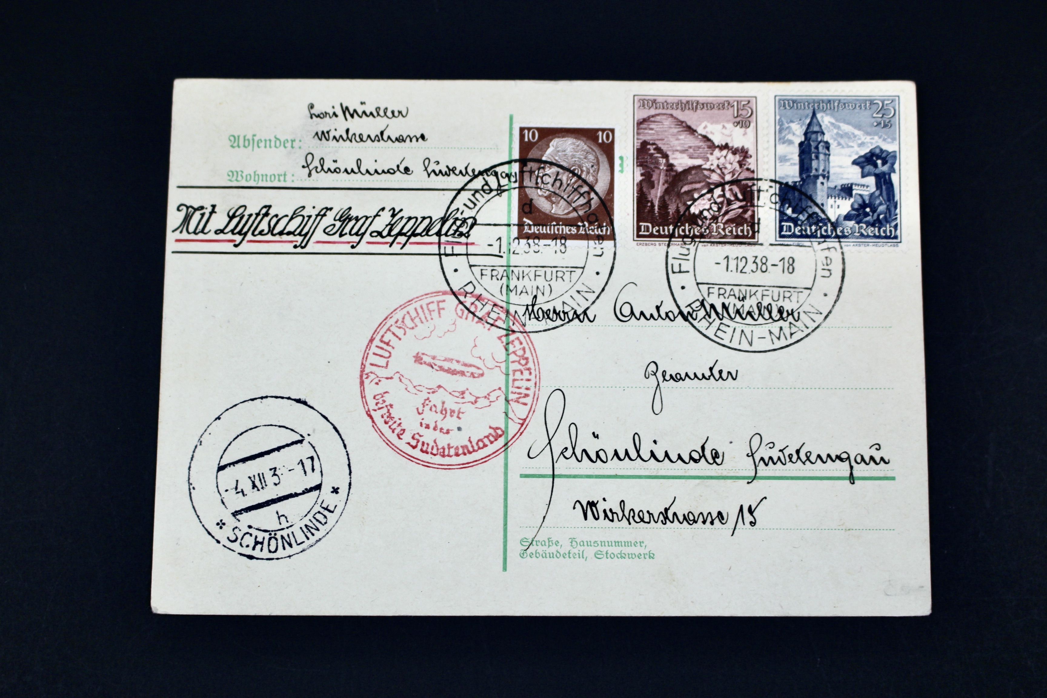 1938 Graf Zeppelin Postcard, Propaganda Trip, Frankfurt to Sudetenland