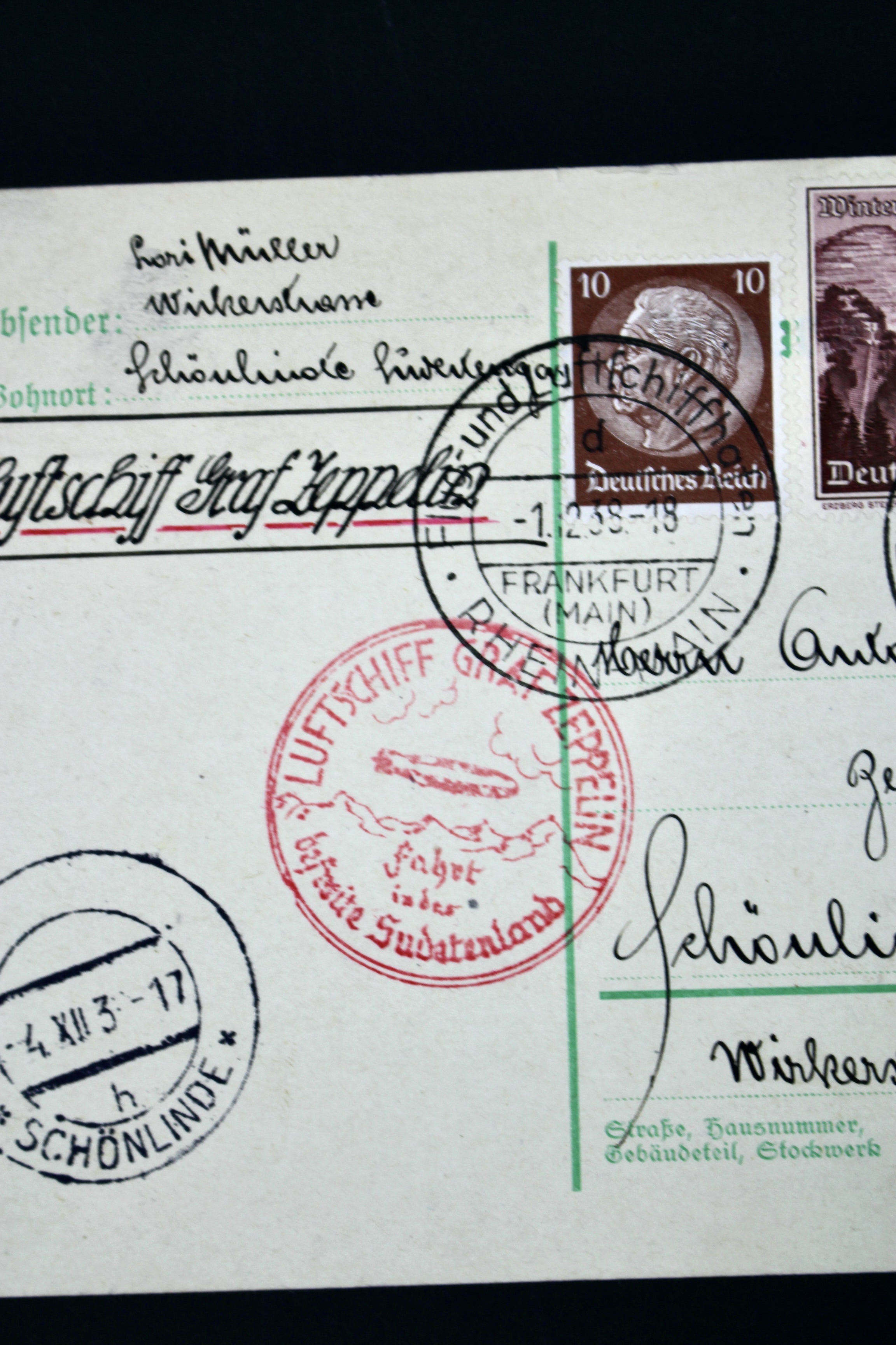 1938 Graf Zeppelin Postcard, Propaganda Trip, Frankfurt to Sudetenland