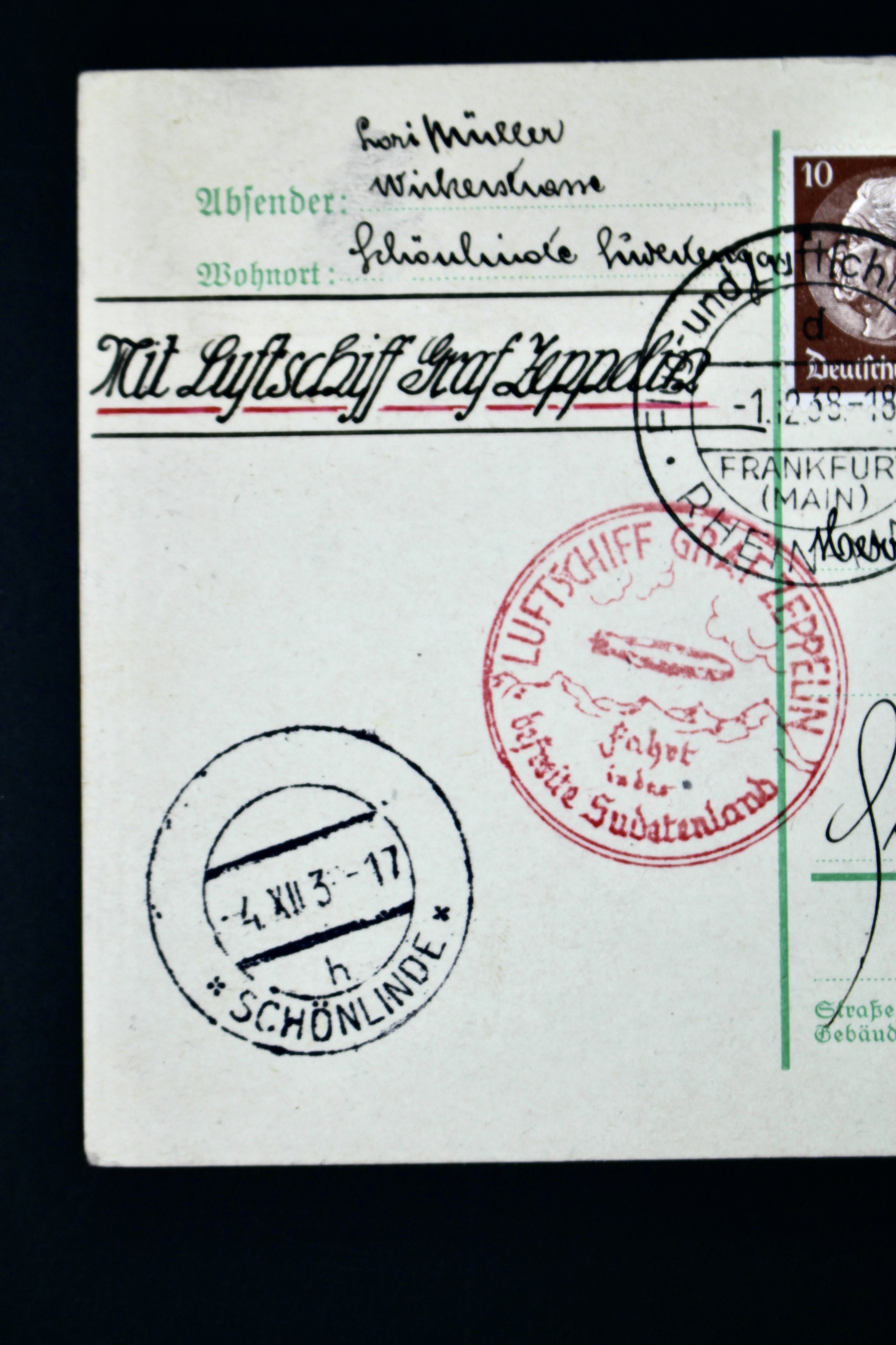 1938 Graf Zeppelin Postcard, Propaganda Trip, Frankfurt to Sudetenland