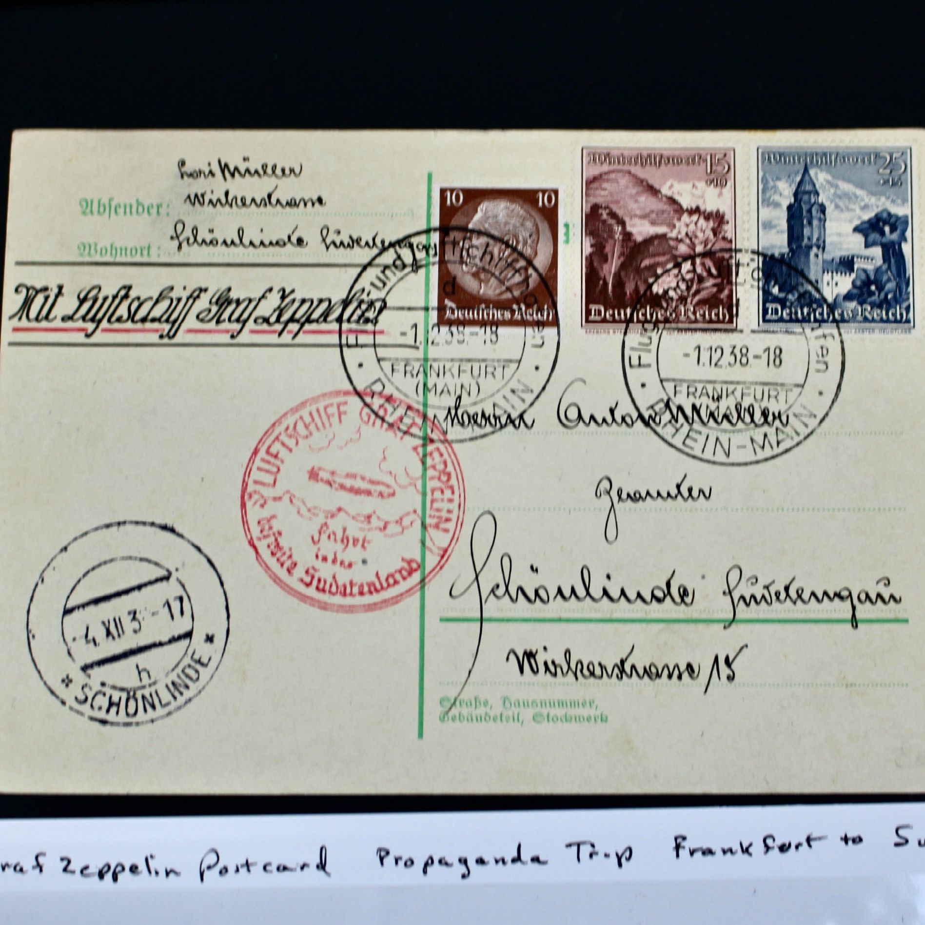 1938 Graf Zeppelin Postcard, Propaganda Trip, Frankfurt to Sudetenland
