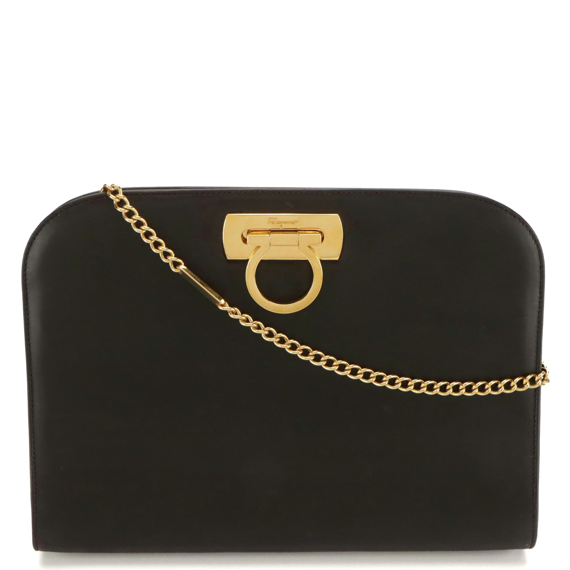Salvatore Ferragamo Gancini Closure Chain Link Crossbody Bag in Black Leather