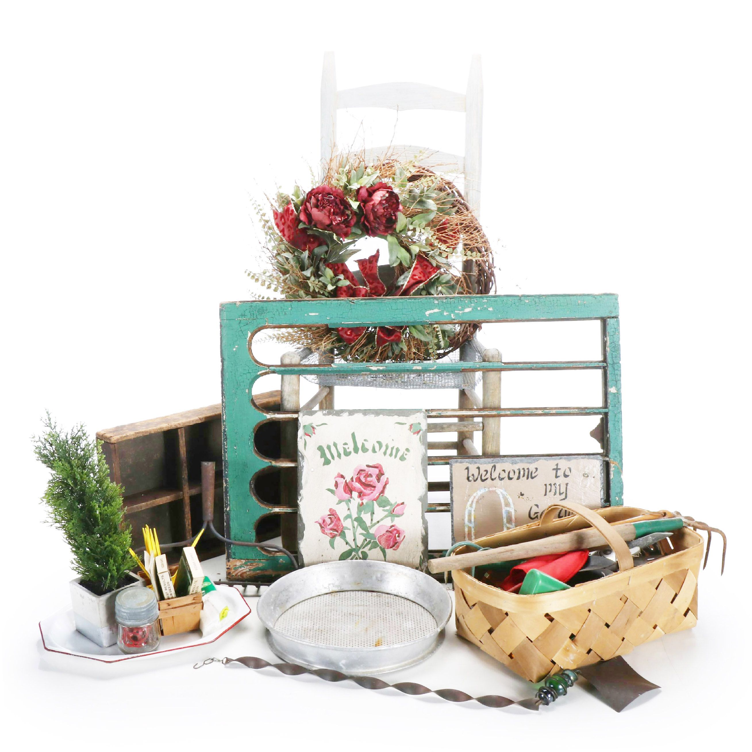 Garden Decor with Ladderback Chair, Window Frame, Garden Tools, and More