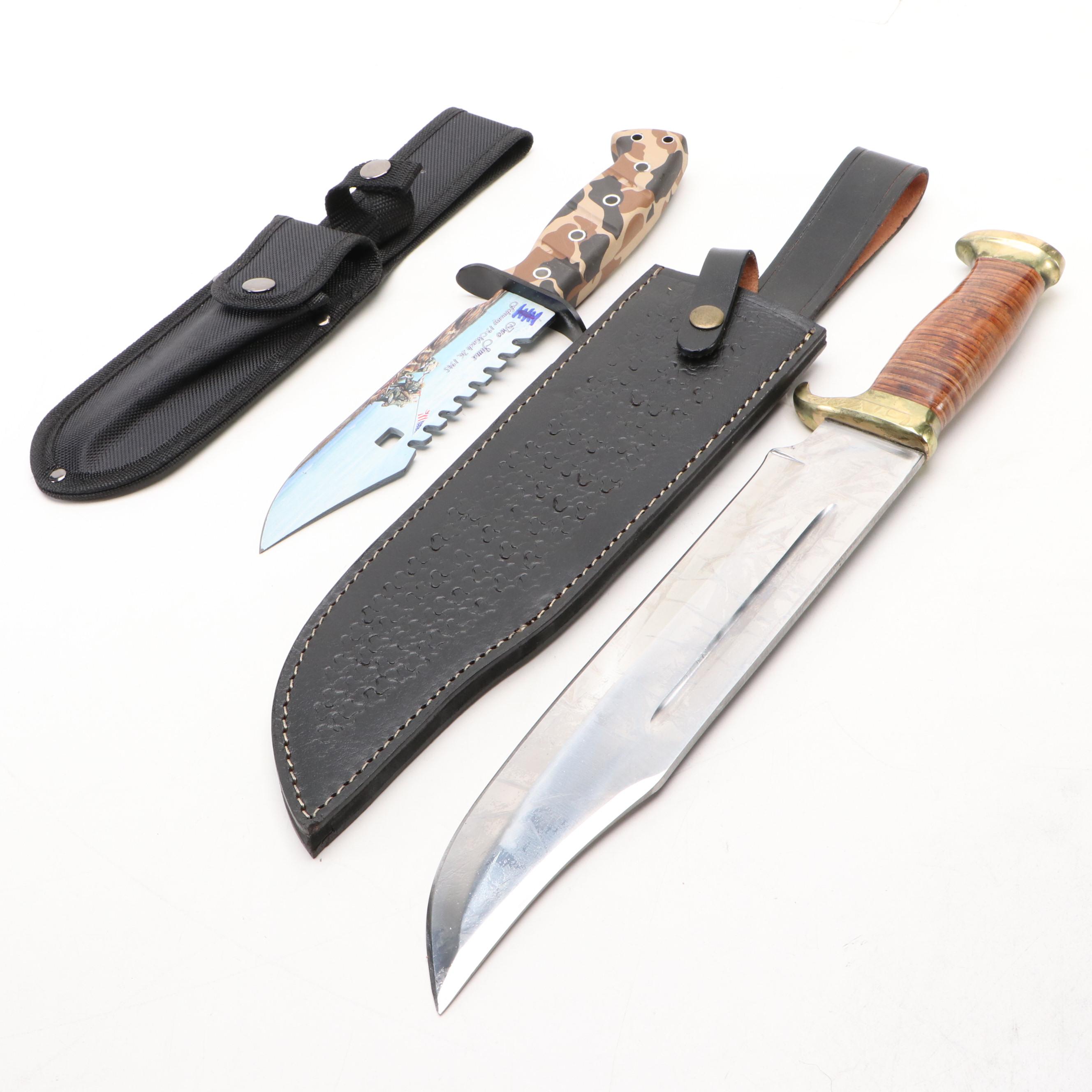 Stacked Leather Handled Bowie Knife with Other Iwo Jima Commemorative Knife