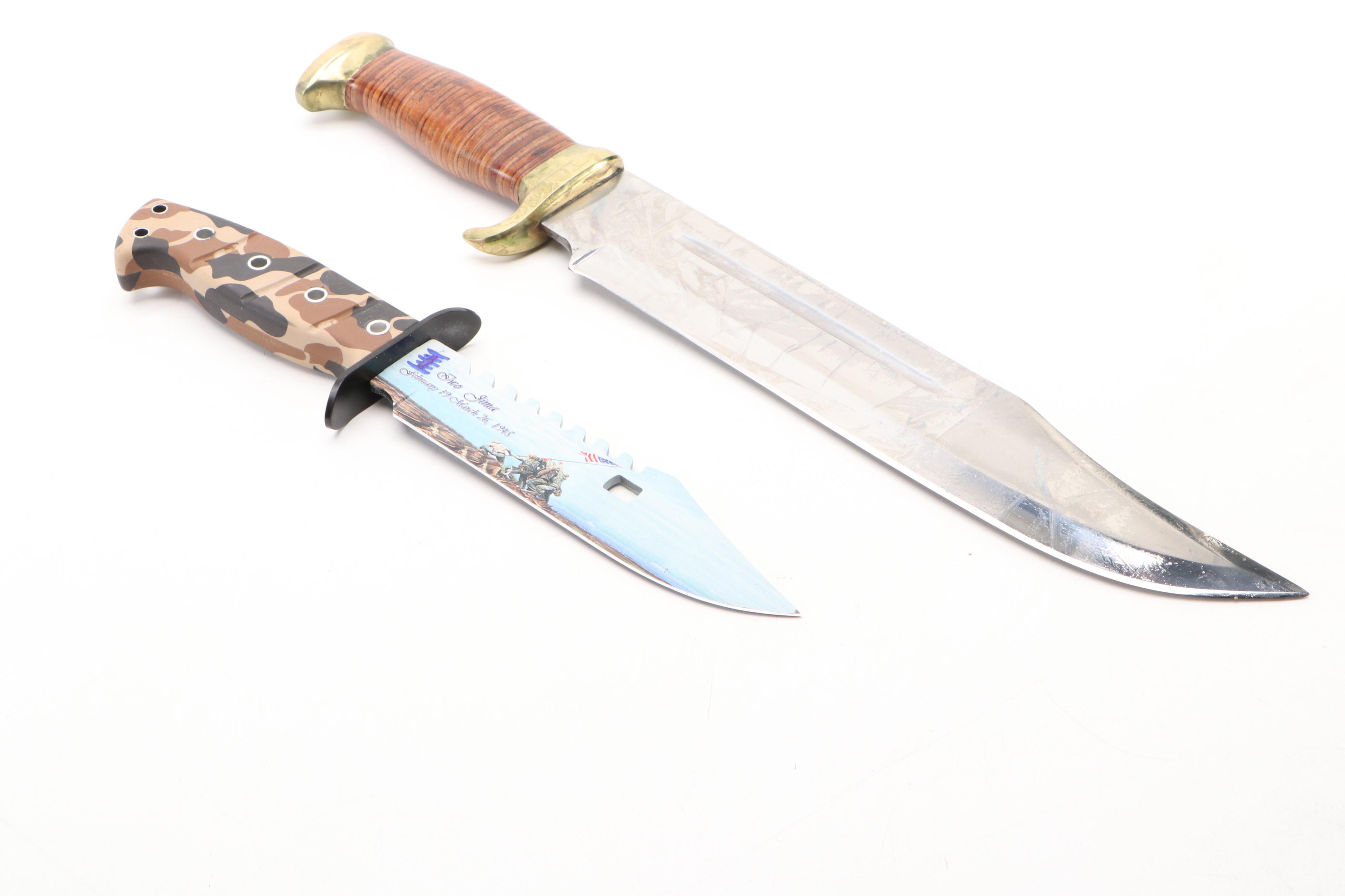 Stacked Leather Handled Bowie Knife with Other Iwo Jima Commemorative Knife
