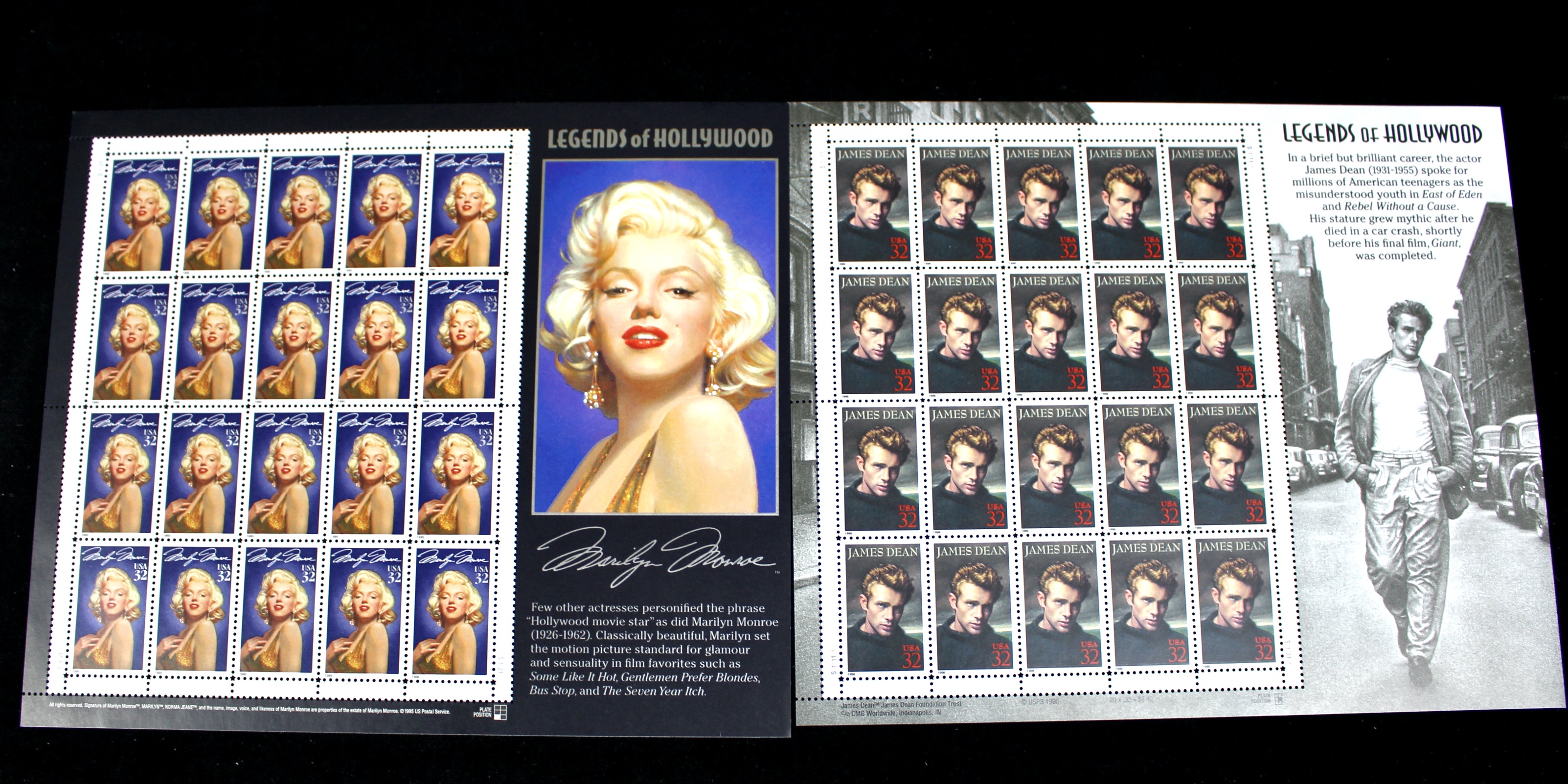 Twelve Different Hollywood-Related Miniature Postage Stamp Sheets