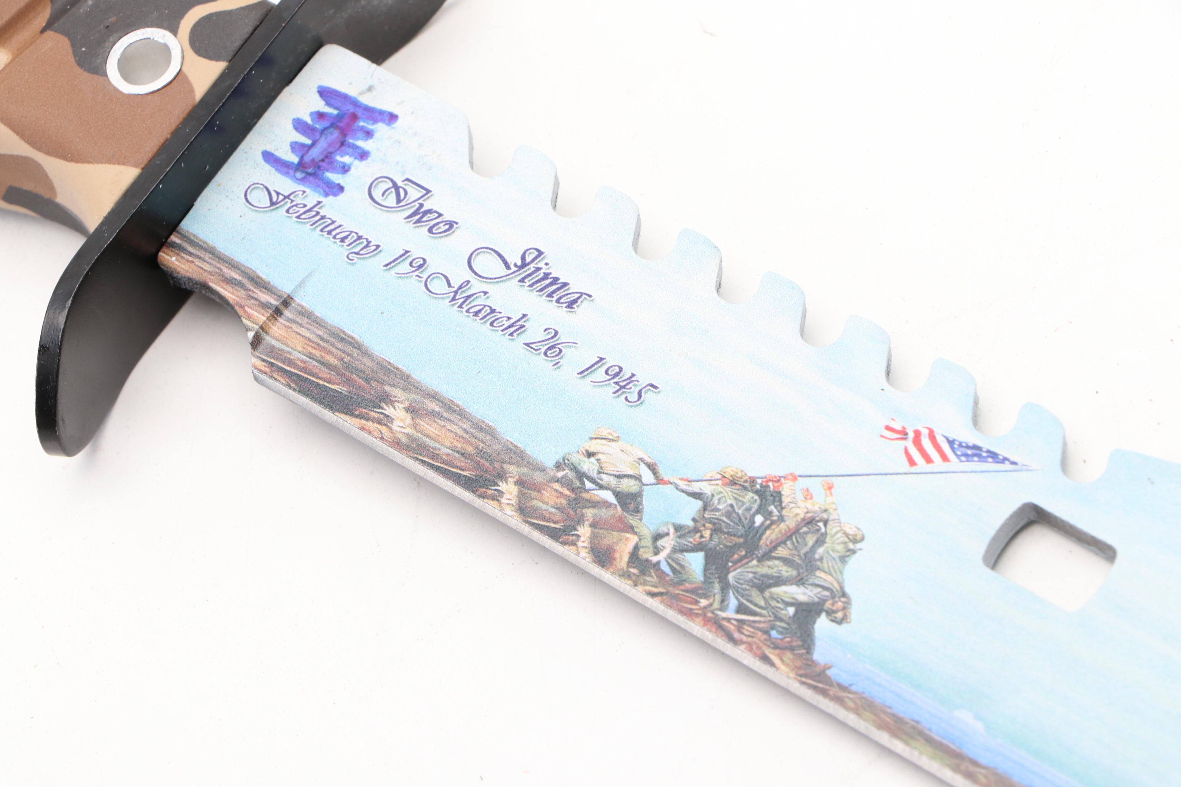 Stacked Leather Handled Bowie Knife with Other Iwo Jima Commemorative Knife