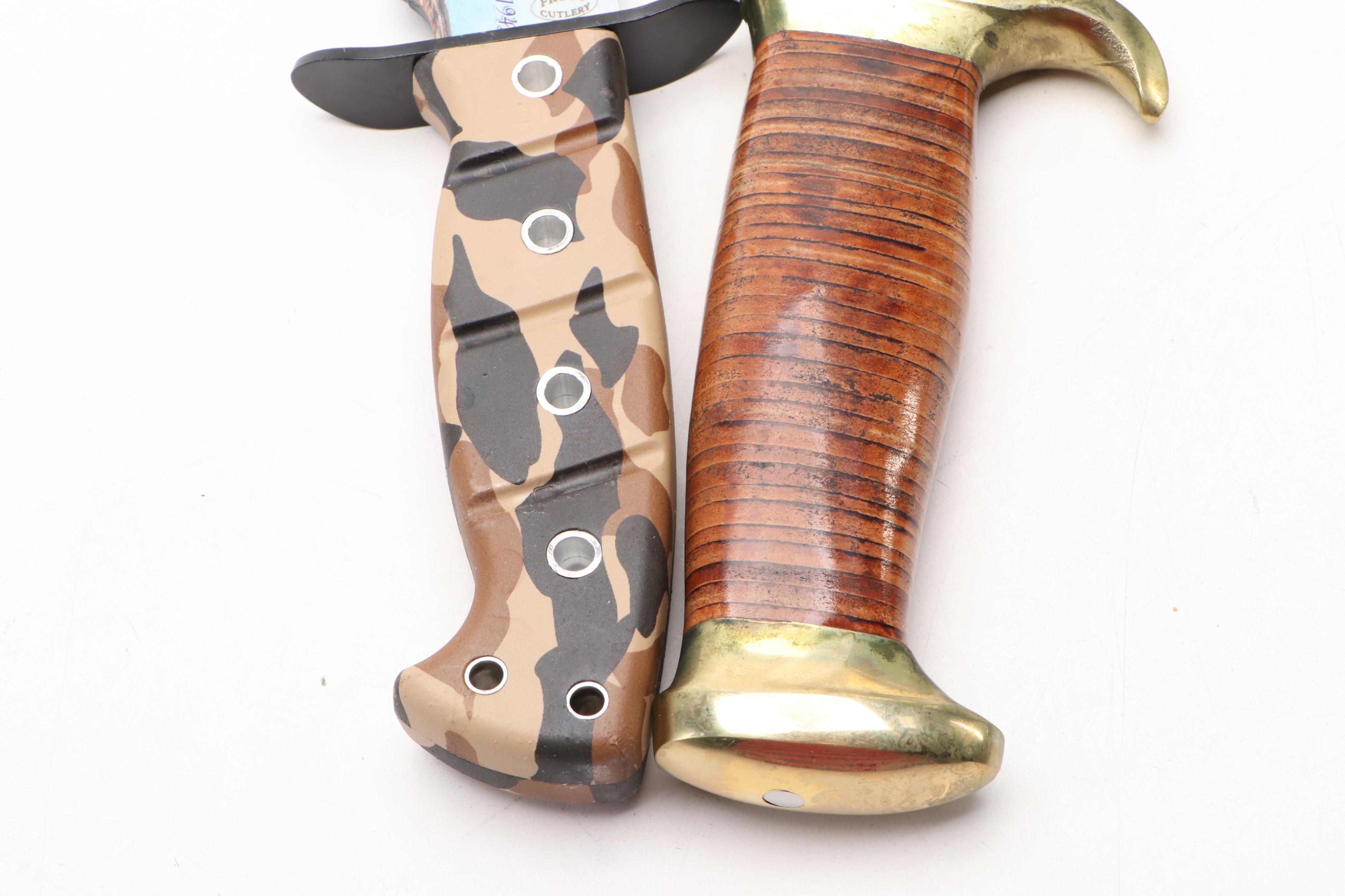 Stacked Leather Handled Bowie Knife with Other Iwo Jima Commemorative Knife