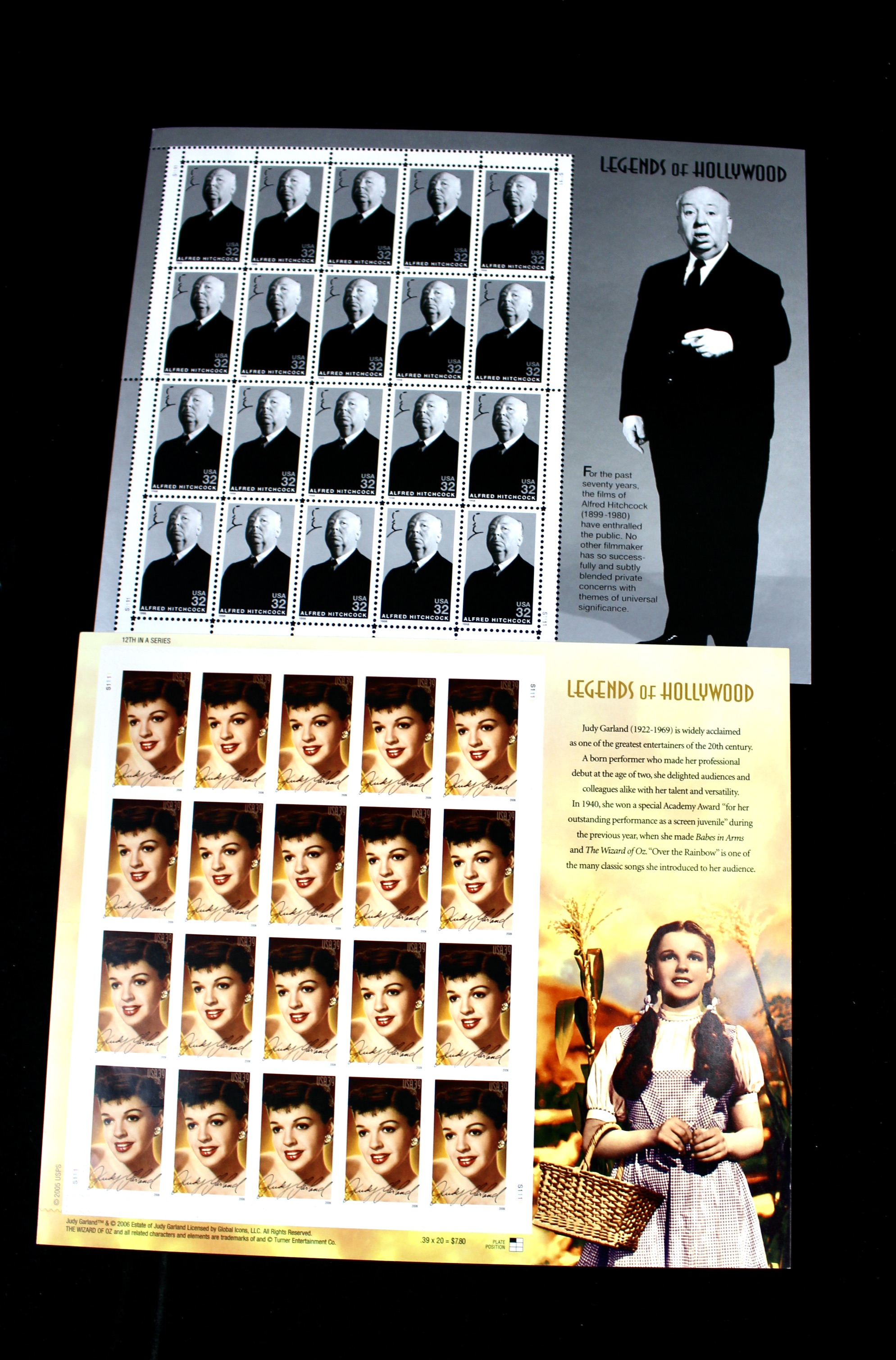 Twelve Different Hollywood-Related Miniature Postage Stamp Sheets