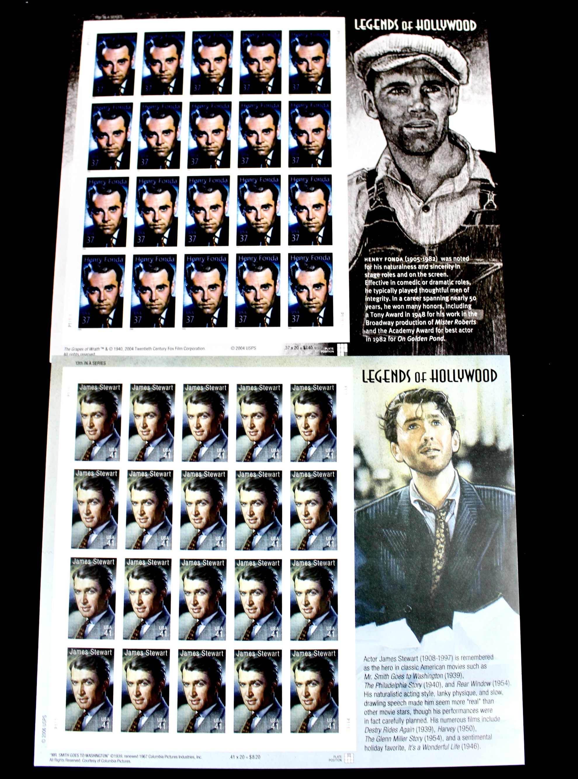 Twelve Different Hollywood-Related Miniature Postage Stamp Sheets