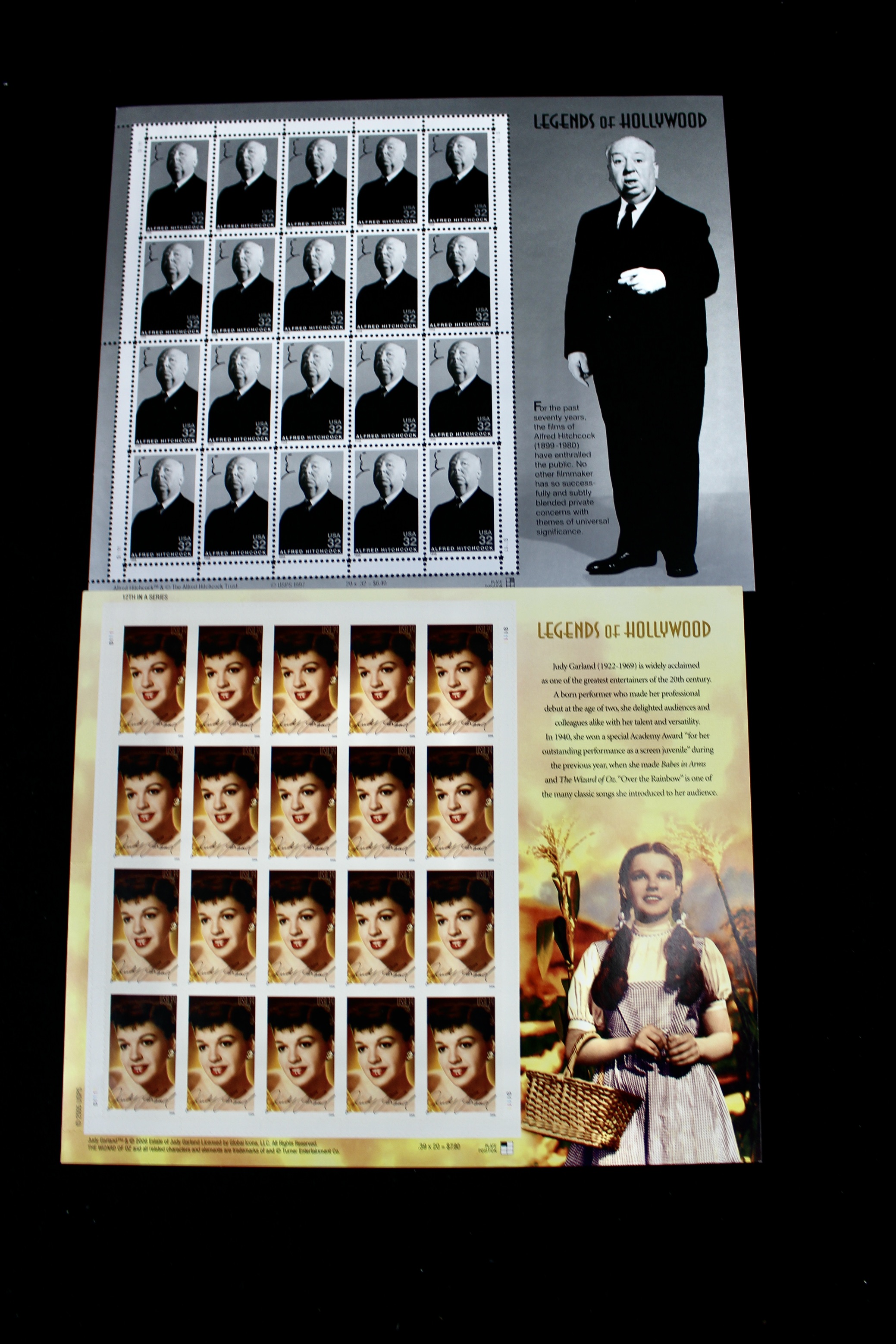Twelve Different Hollywood-Related Miniature Postage Stamp Sheets