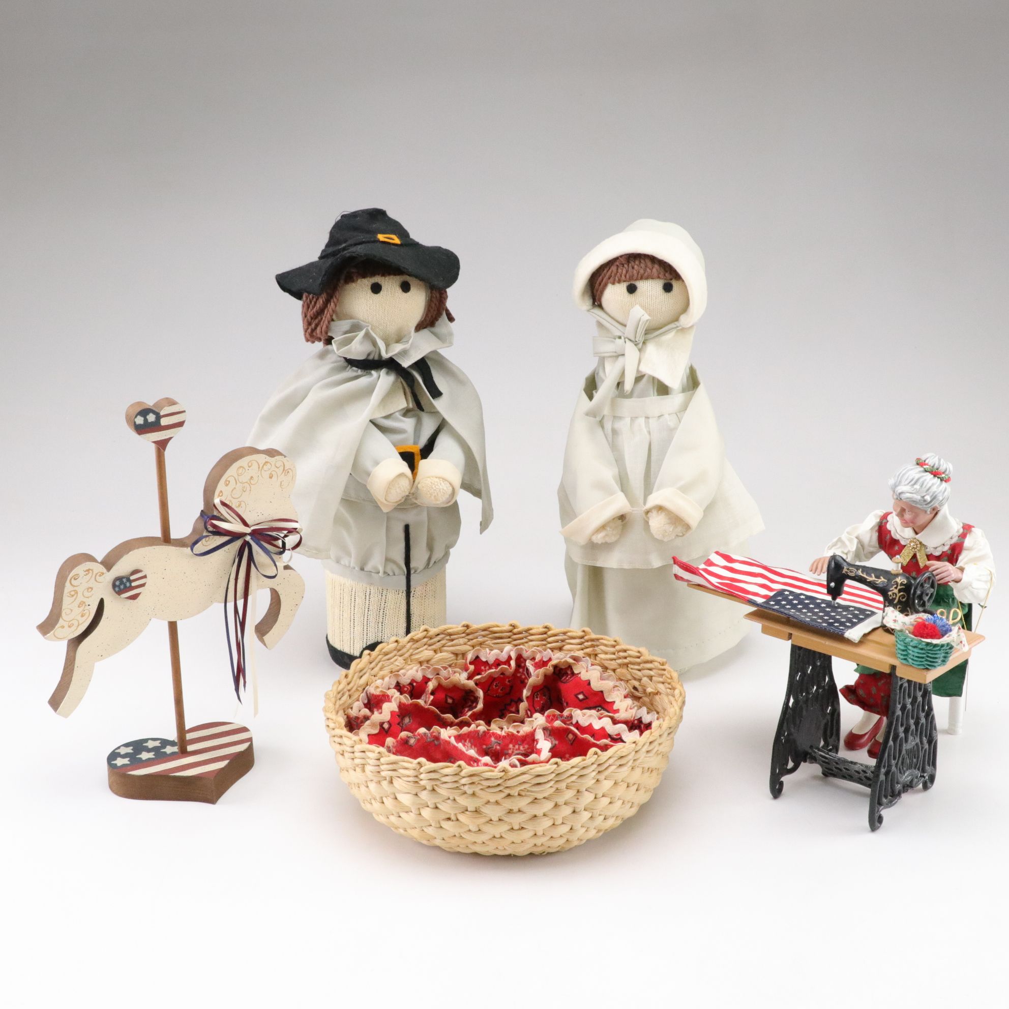 Pilgrim Couple Bottle Sock Puppets with Betsy Ross Figure and Patriotic Decor