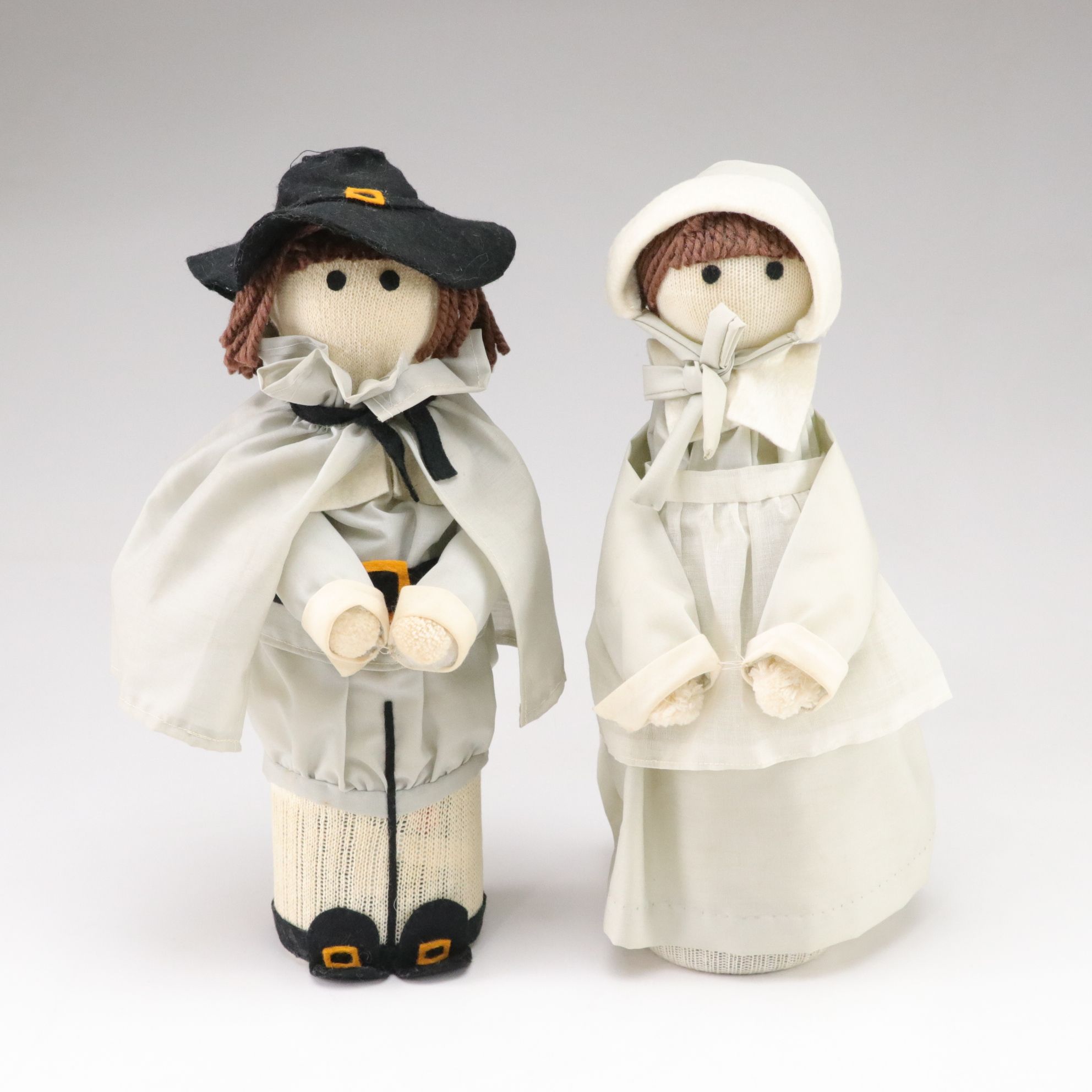Pilgrim Couple Bottle Sock Puppets with Betsy Ross Figure and Patriotic Decor