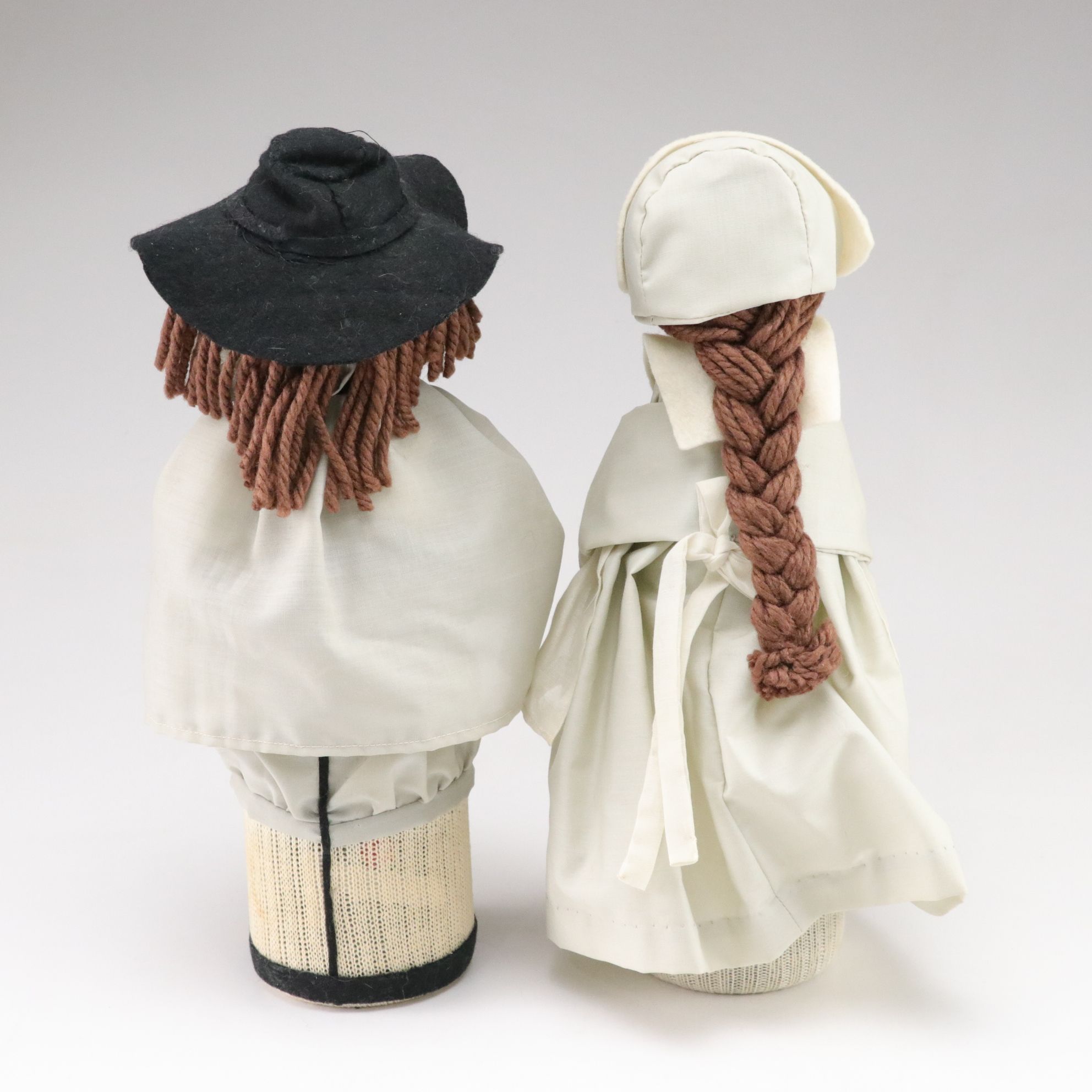 Pilgrim Couple Bottle Sock Puppets with Betsy Ross Figure and Patriotic Decor