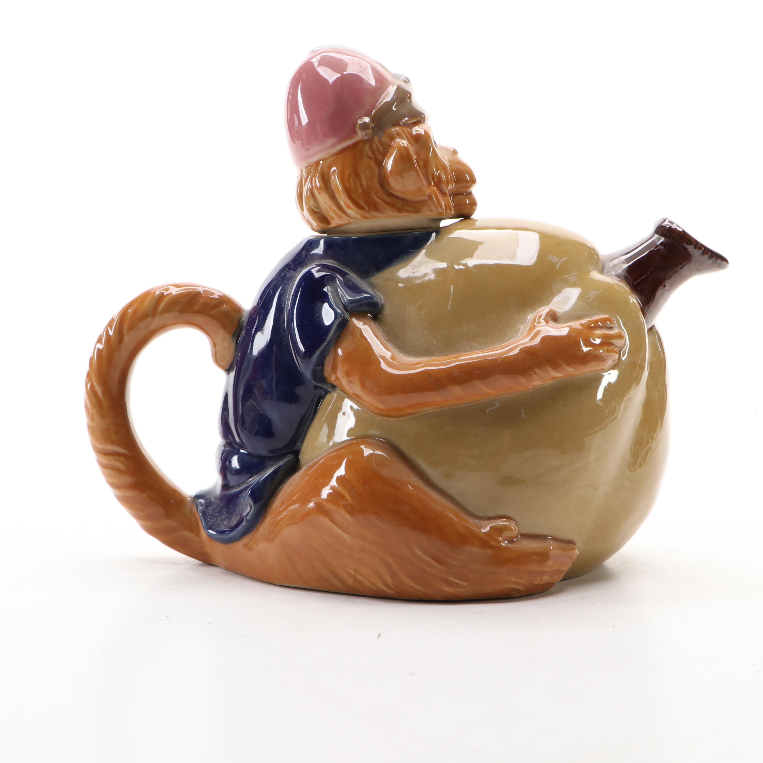Nouveau Majolica Monkey and Gourd Teapot