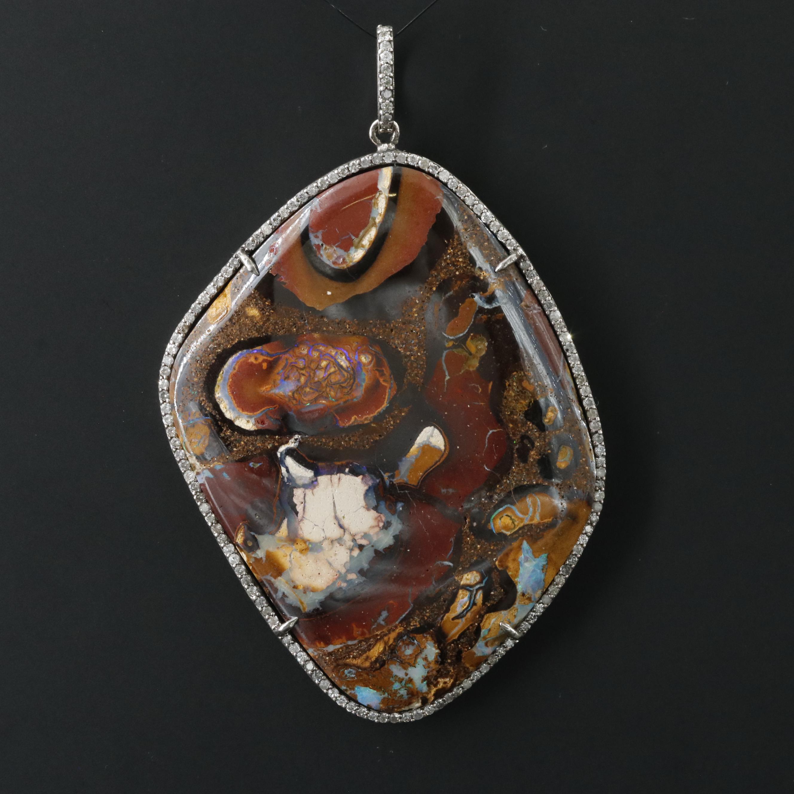 Sterling Boulder Opal and Diamond Pendant Attributed to Sheryl Lowe