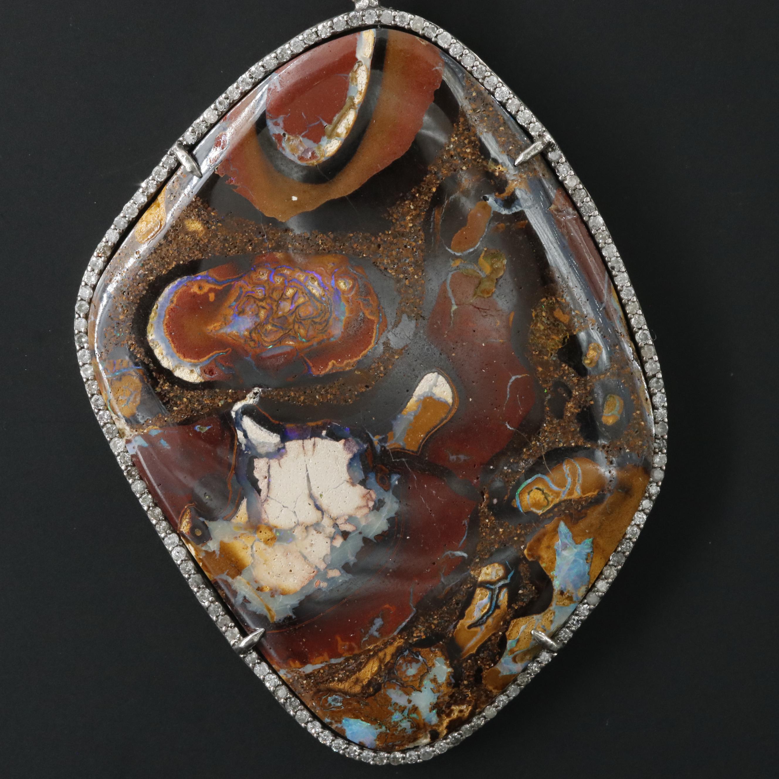 Sterling Boulder Opal and Diamond Pendant Attributed to Sheryl Lowe