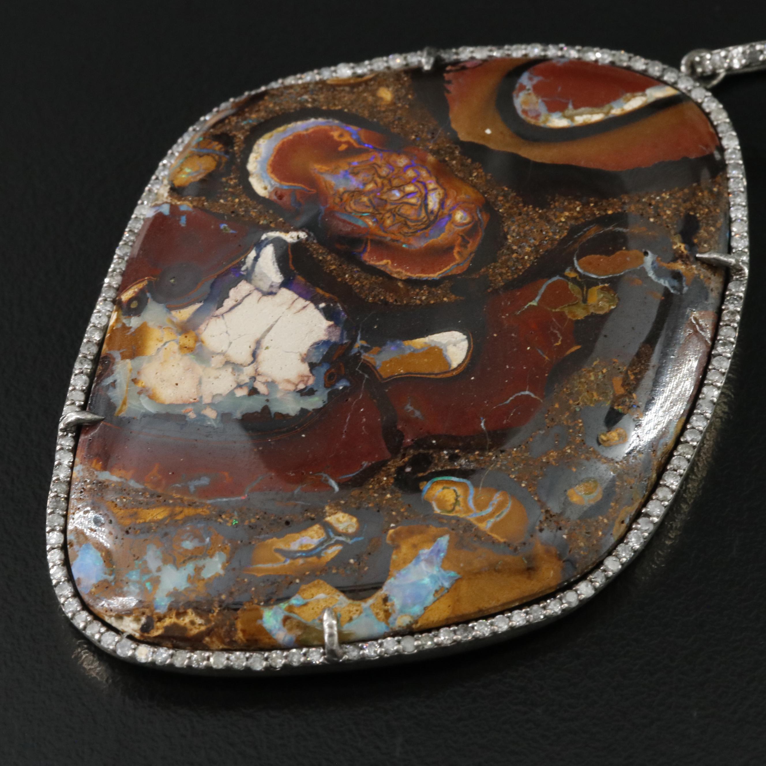 Sterling Boulder Opal and Diamond Pendant Attributed to Sheryl Lowe