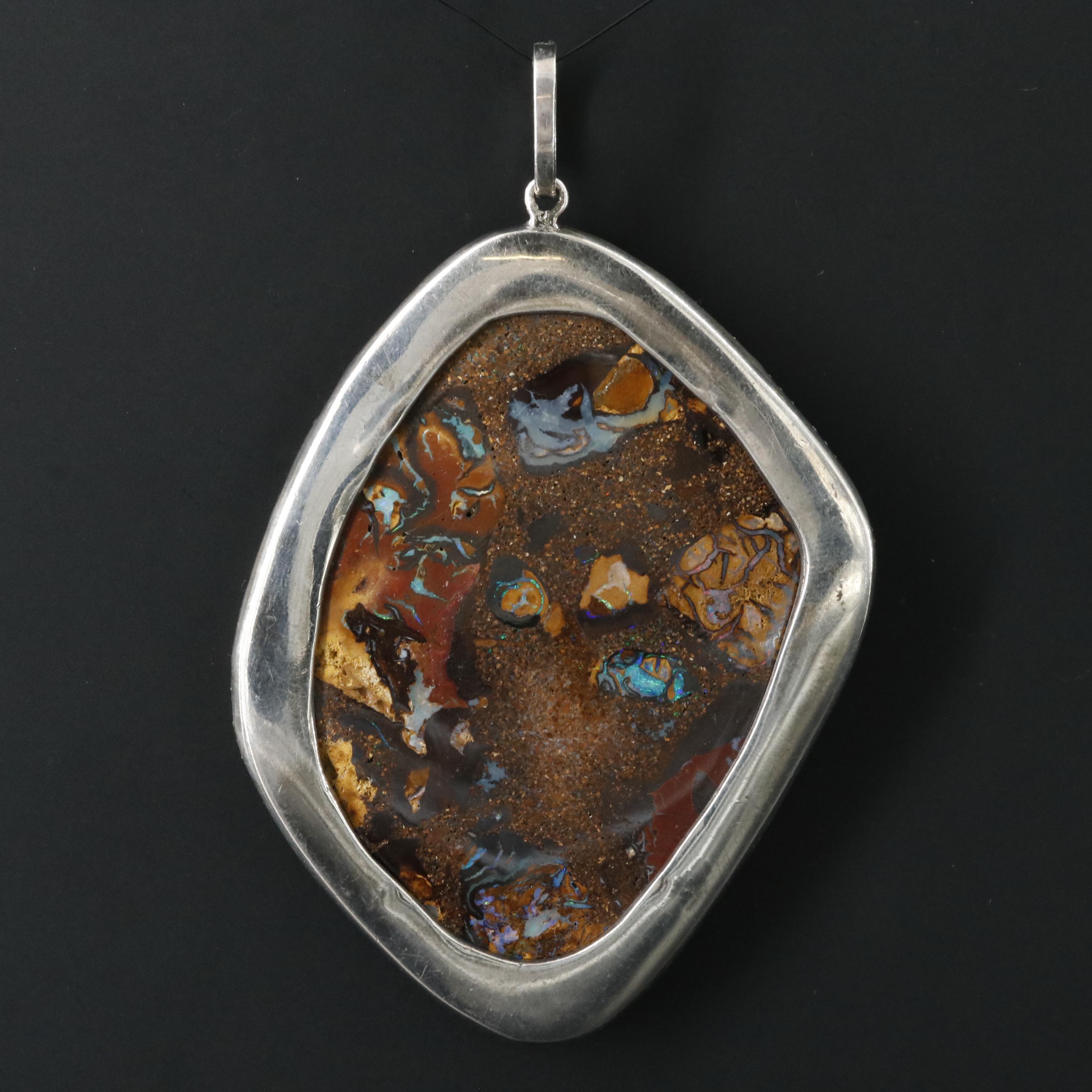 Sterling Boulder Opal and Diamond Pendant Attributed to Sheryl Lowe