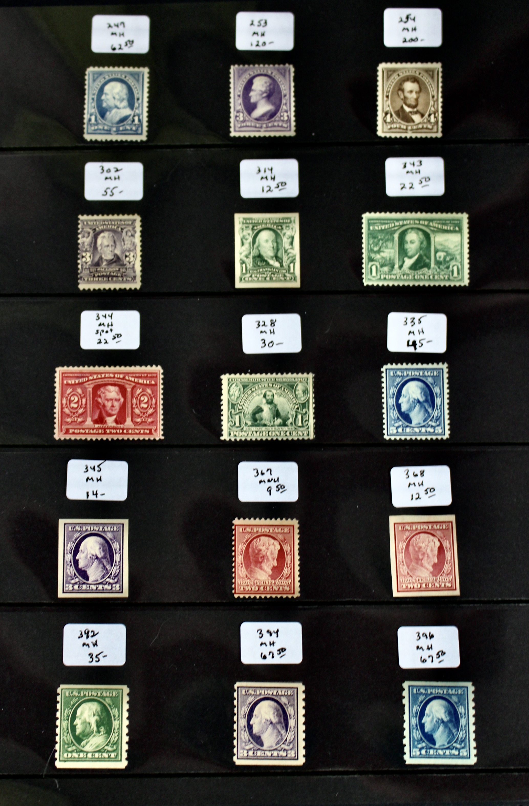 Fifteen Mint Hinged U.S. Postage Stamps, Scott 247 to 396