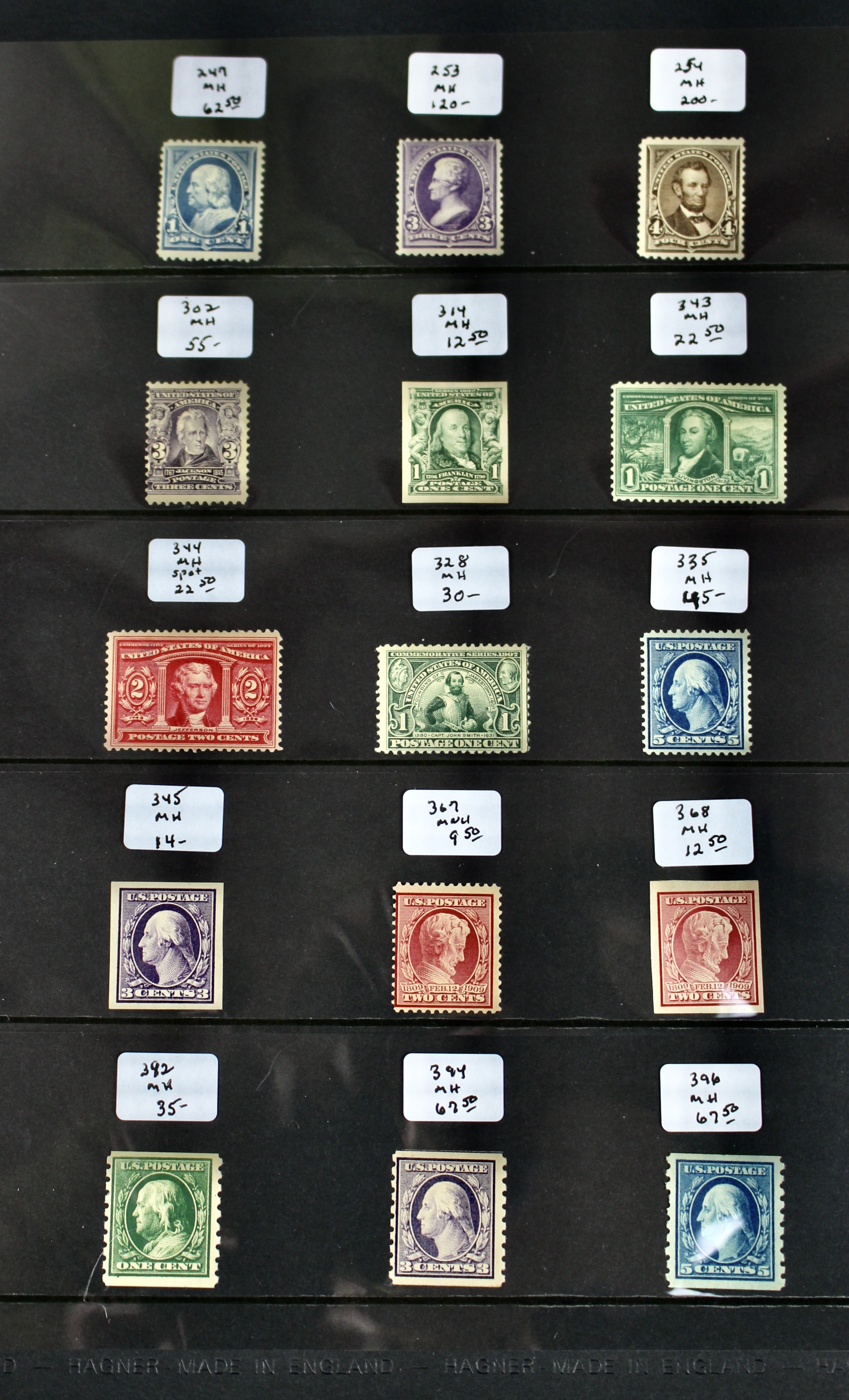 Fifteen Mint Hinged U.S. Postage Stamps, Scott 247 to 396