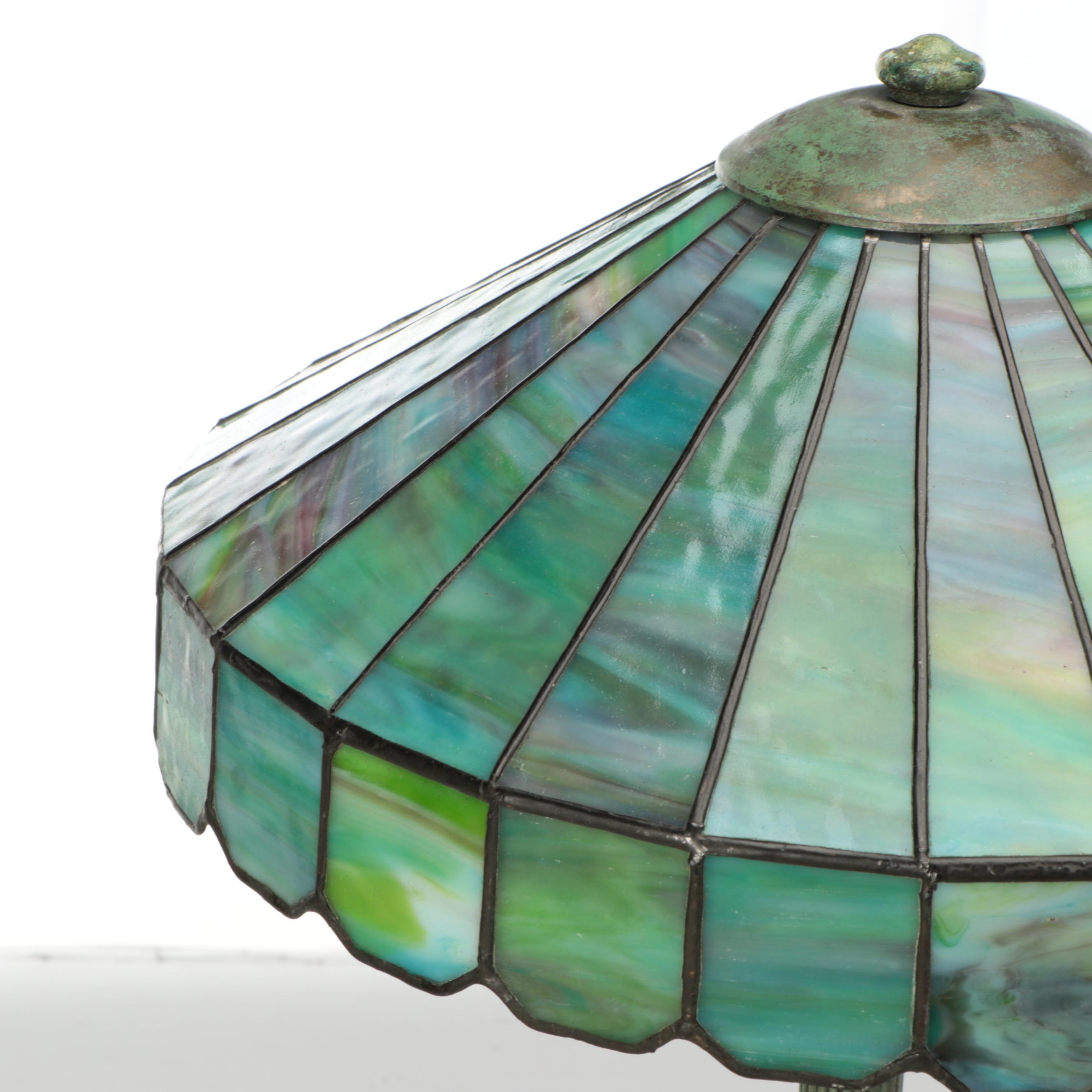 Arts and Crafts Style Verdigris Metal Table Lamp with Slag Glass Panel Shade