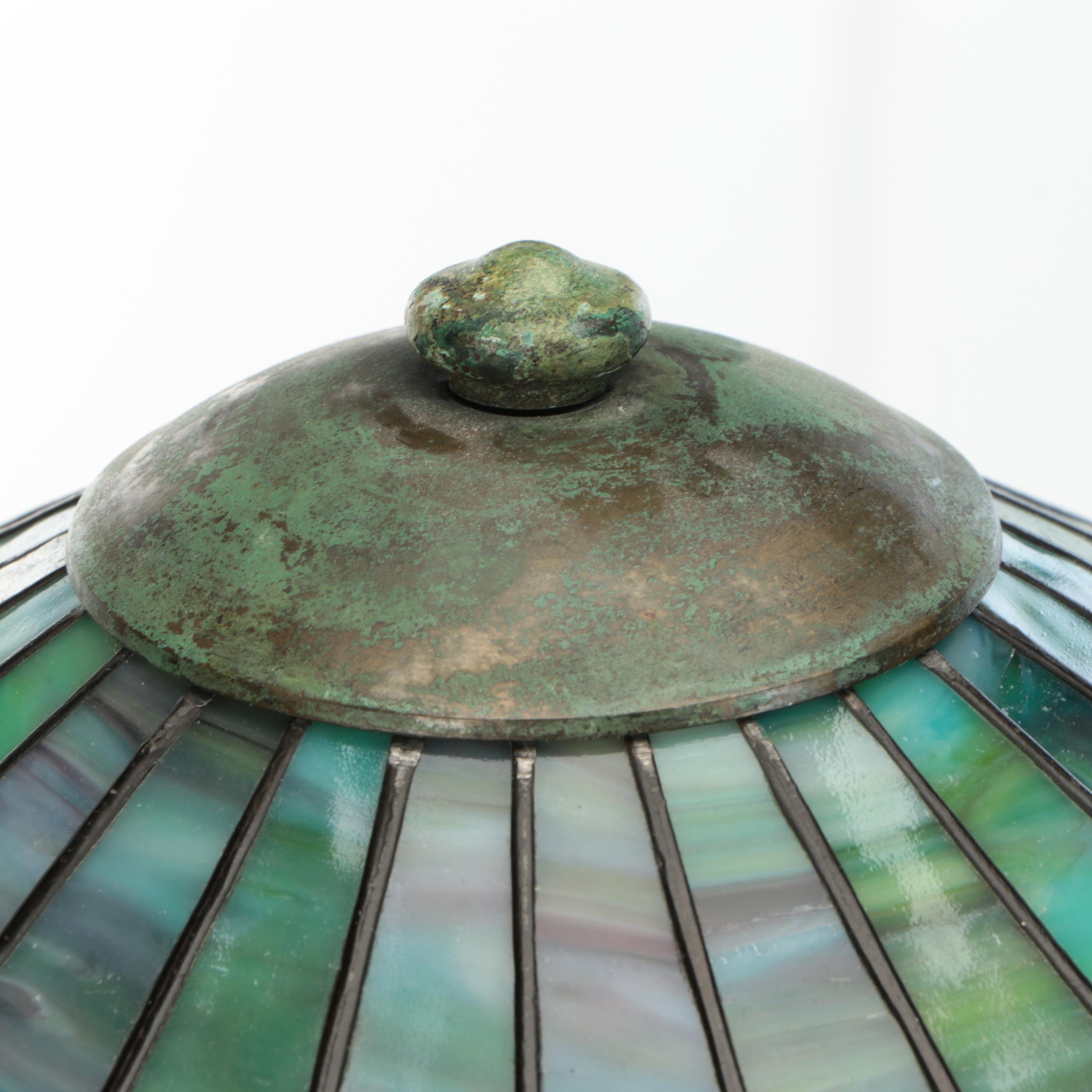 Arts and Crafts Style Verdigris Metal Table Lamp with Slag Glass Panel Shade