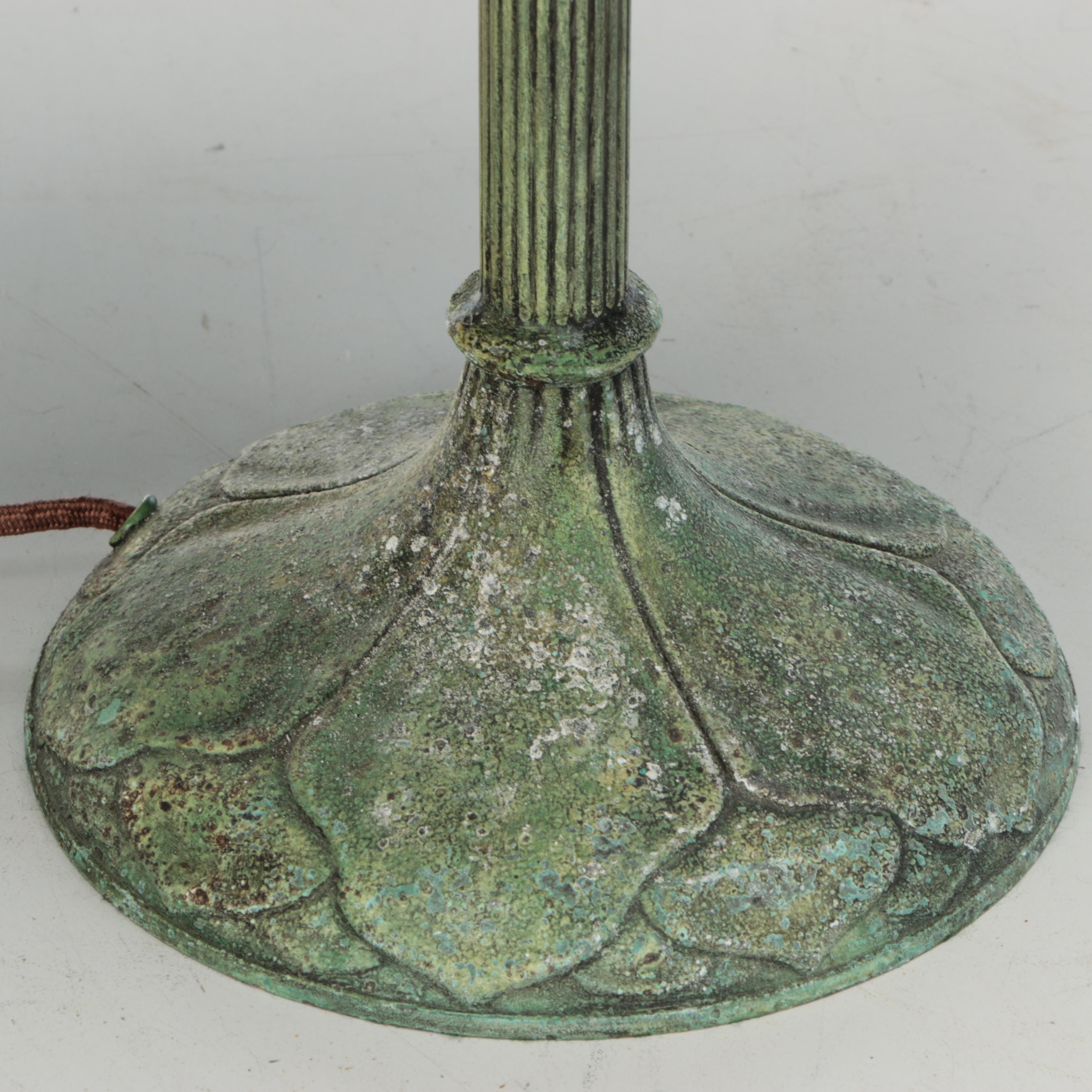 Arts and Crafts Style Verdigris Metal Table Lamp with Slag Glass Panel Shade