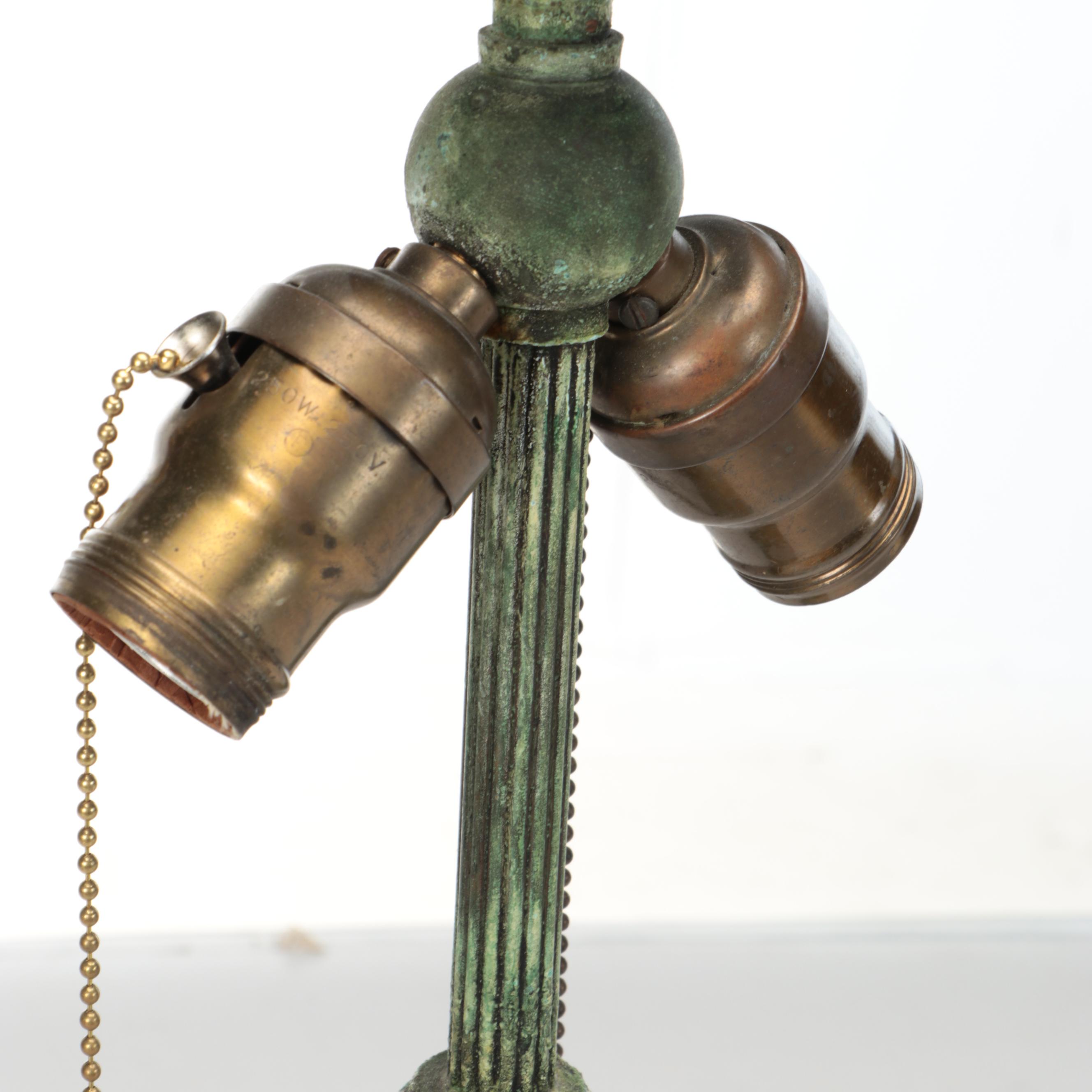 Arts and Crafts Style Verdigris Metal Table Lamp with Slag Glass Panel Shade